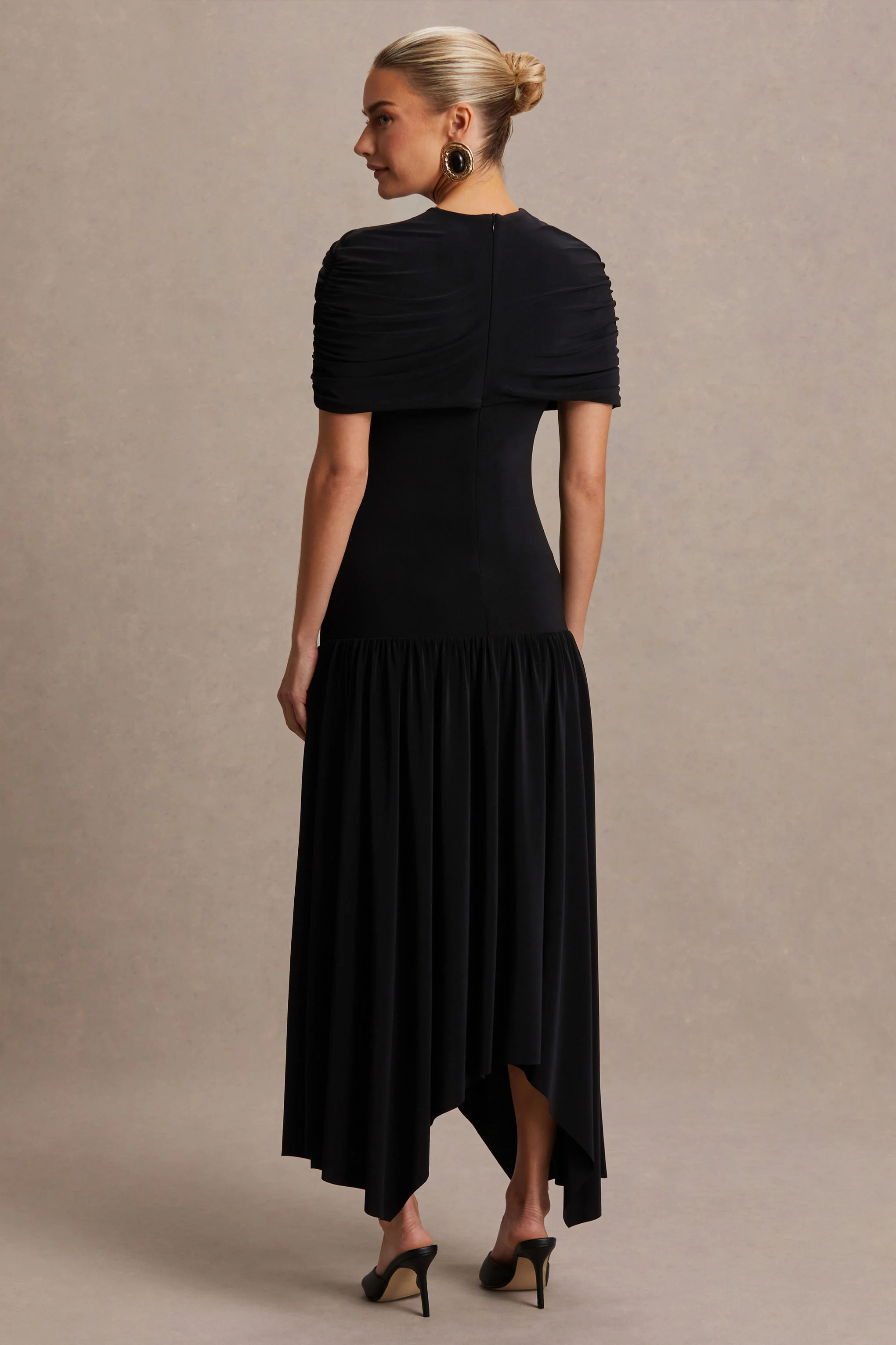 Eleni | Black Crew-Neck Maternity Maxi Dress With Cape-Sleeves And Drop Waist - Image 2