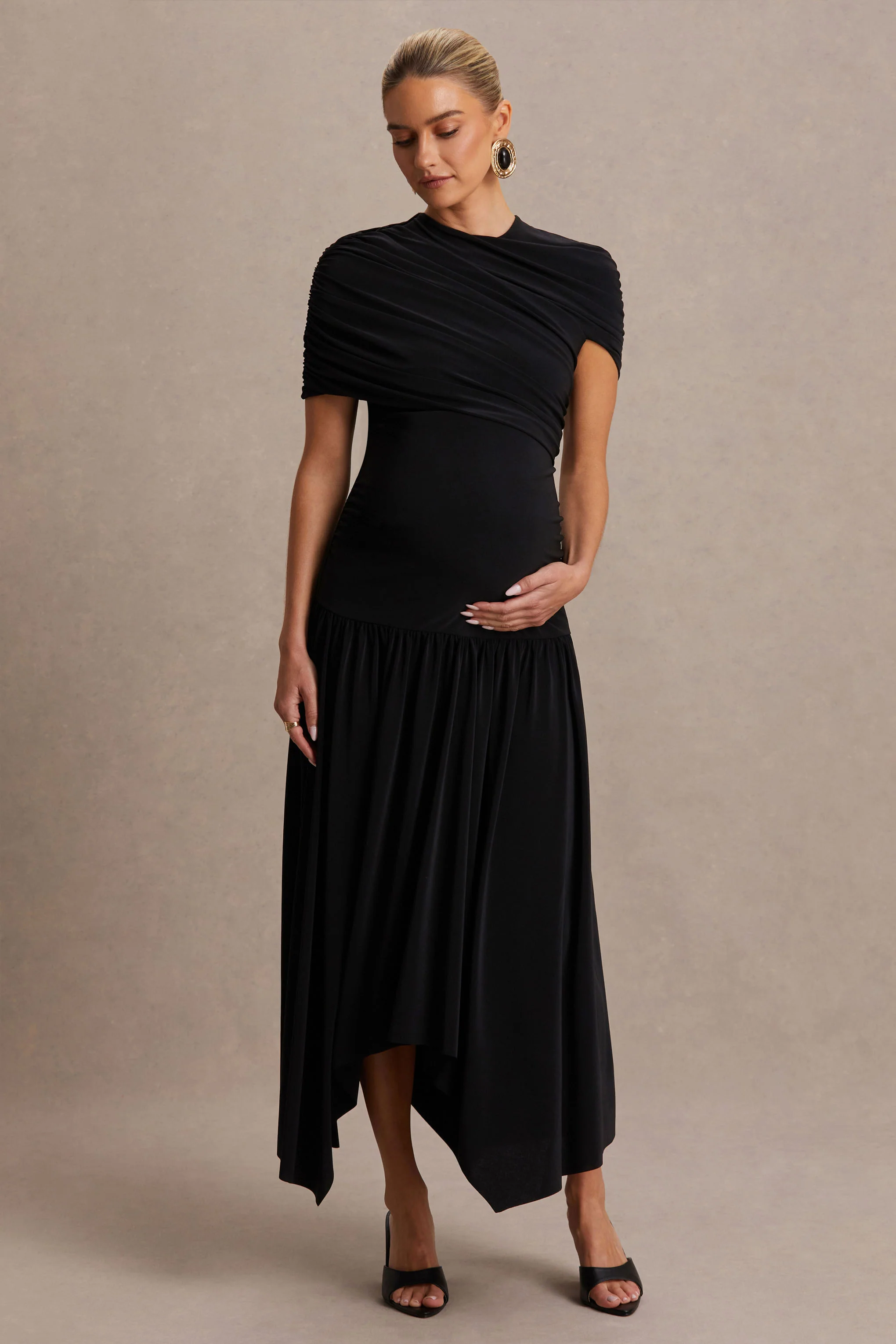 Eleni | Black Crew-Neck Maternity Maxi Dress With Cape-Sleeves And Drop Waist - Image 4