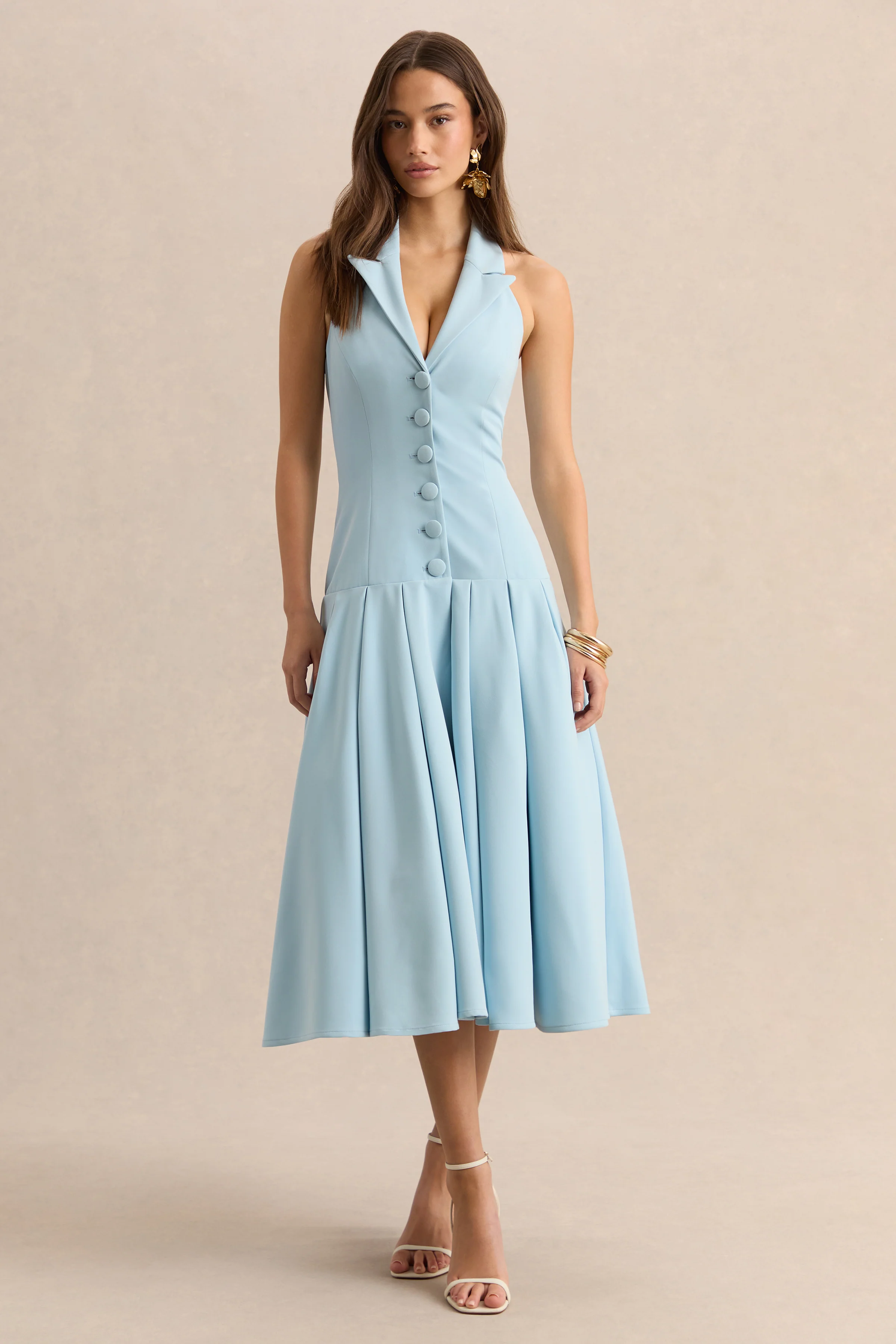 Elise | Powder Blue Plunge-Neck Midi Dress With Drop-Waist - Image 6