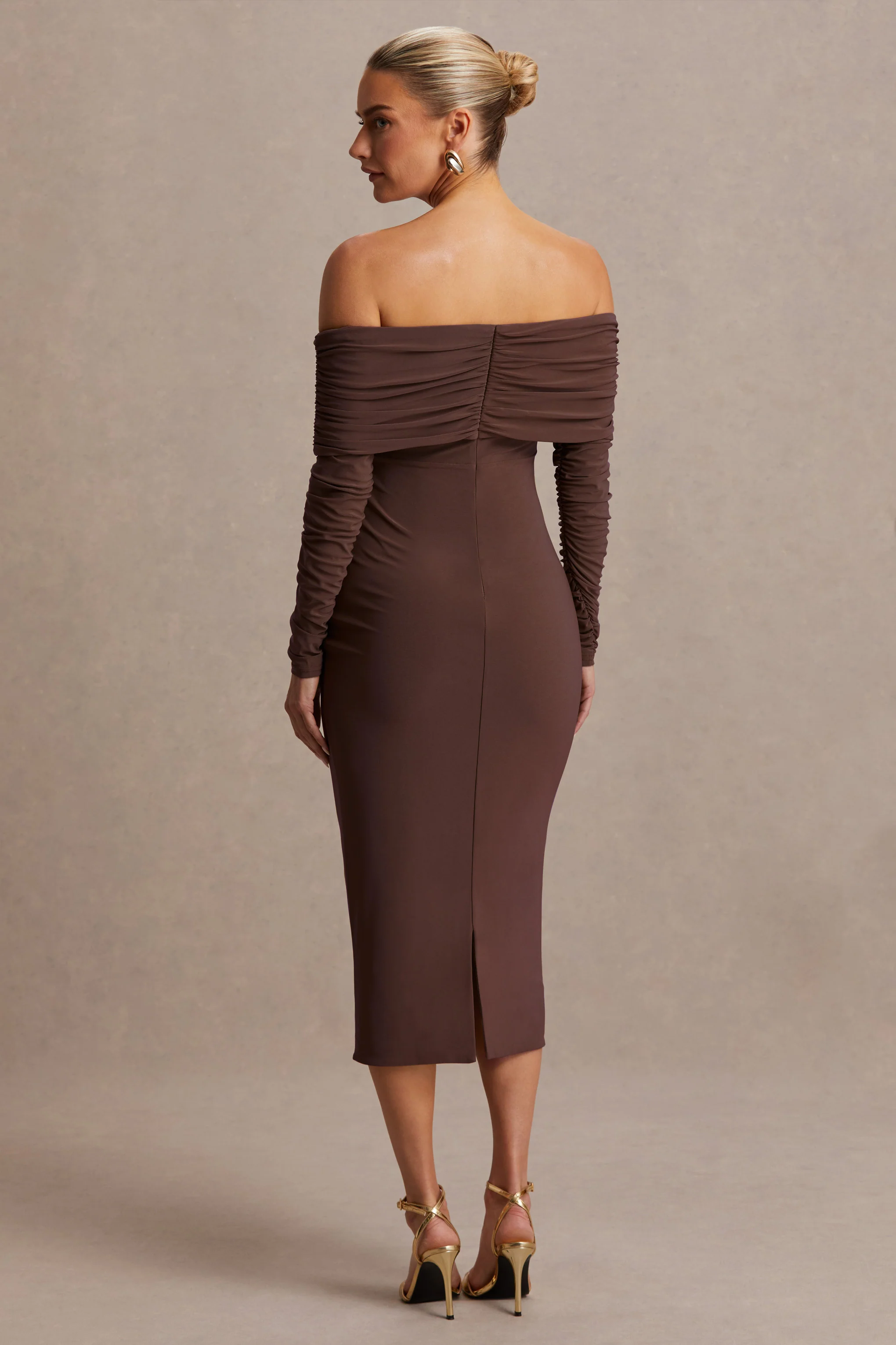 Elspeth | Brown Bardot-Neck Maternity Midi Dress - Image 2