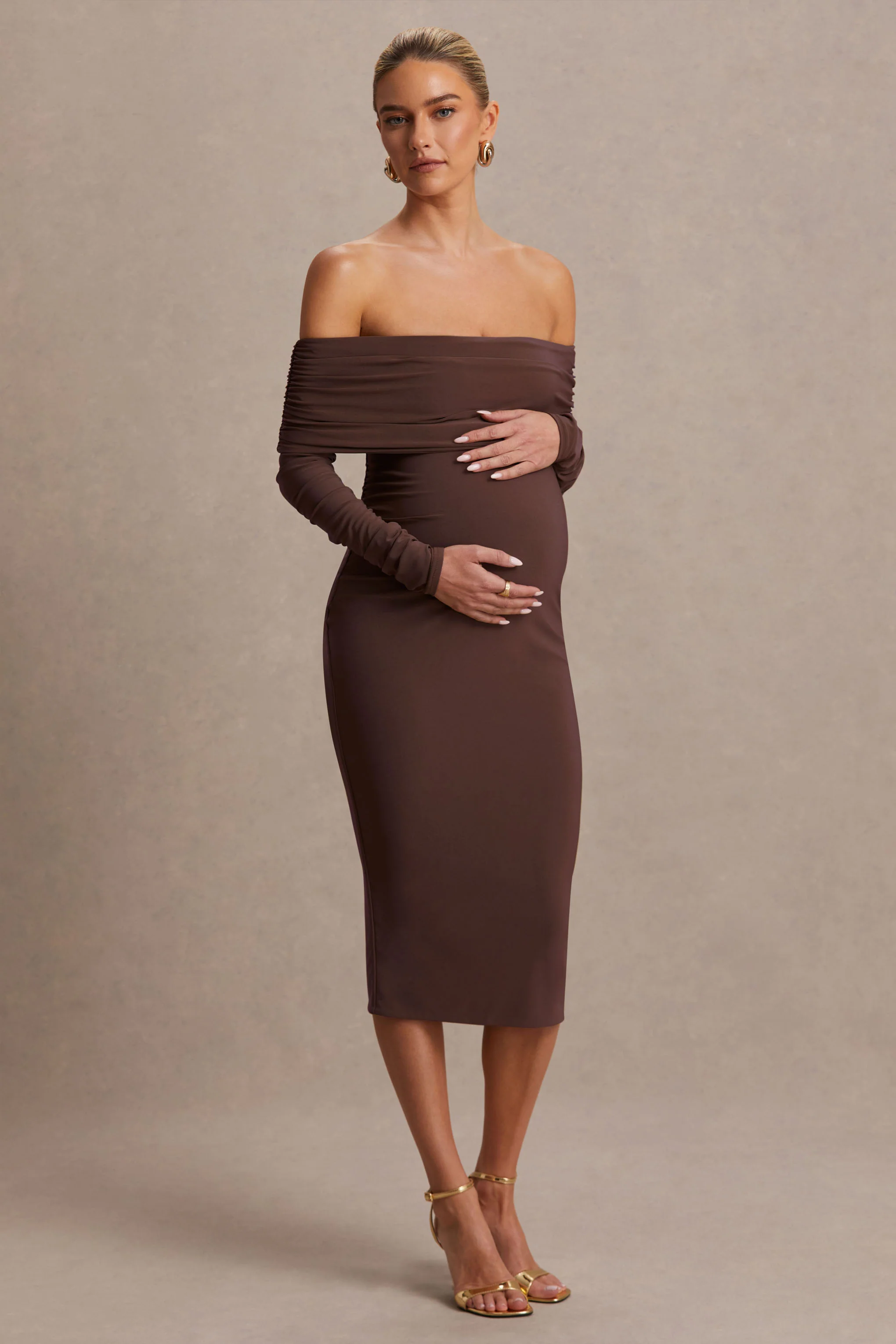 Elspeth | Brown Bardot-Neck Maternity Midi Dress - Image 4