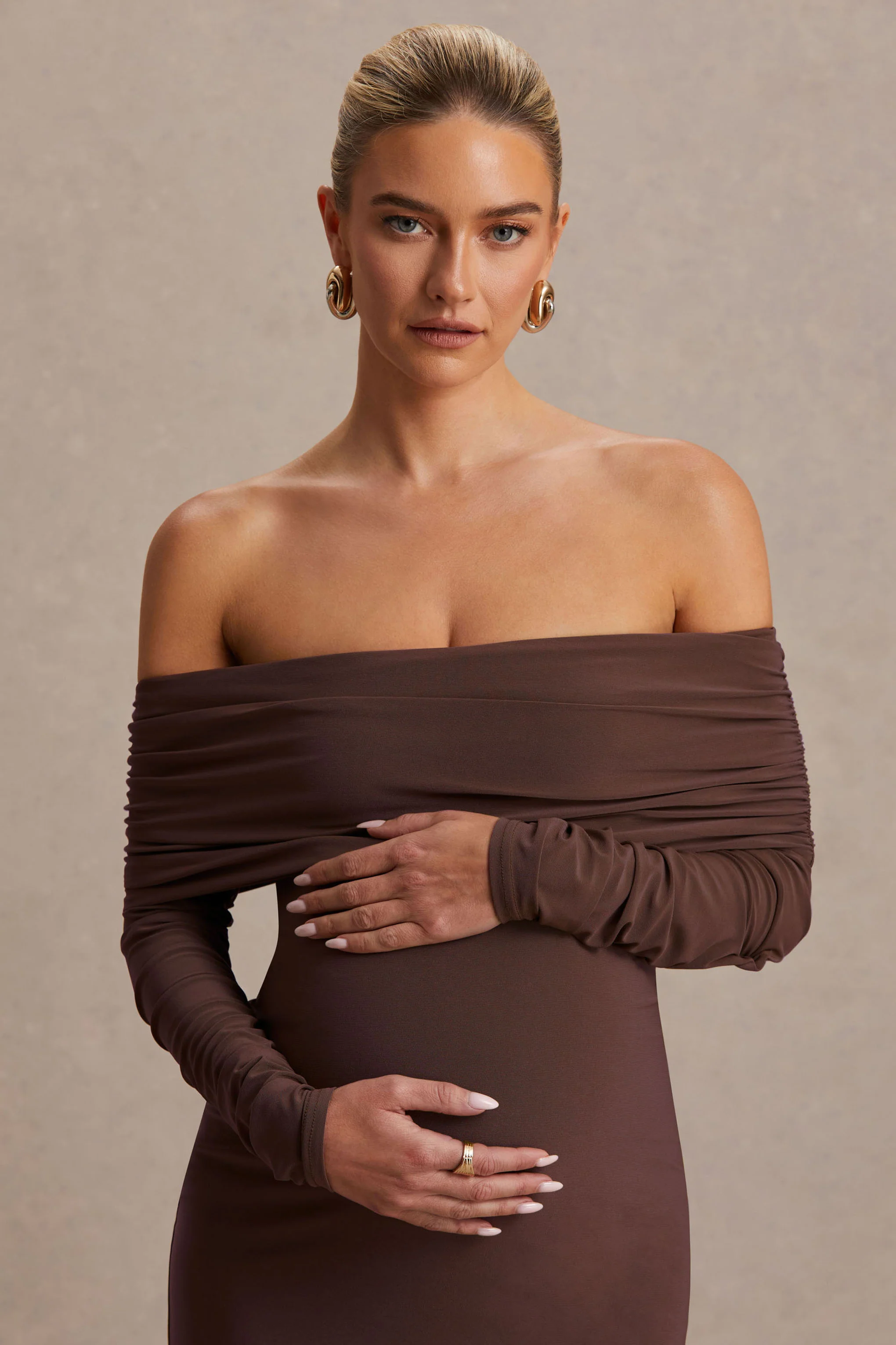 Elspeth | Brown Bardot-Neck Maternity Midi Dress - Image 6