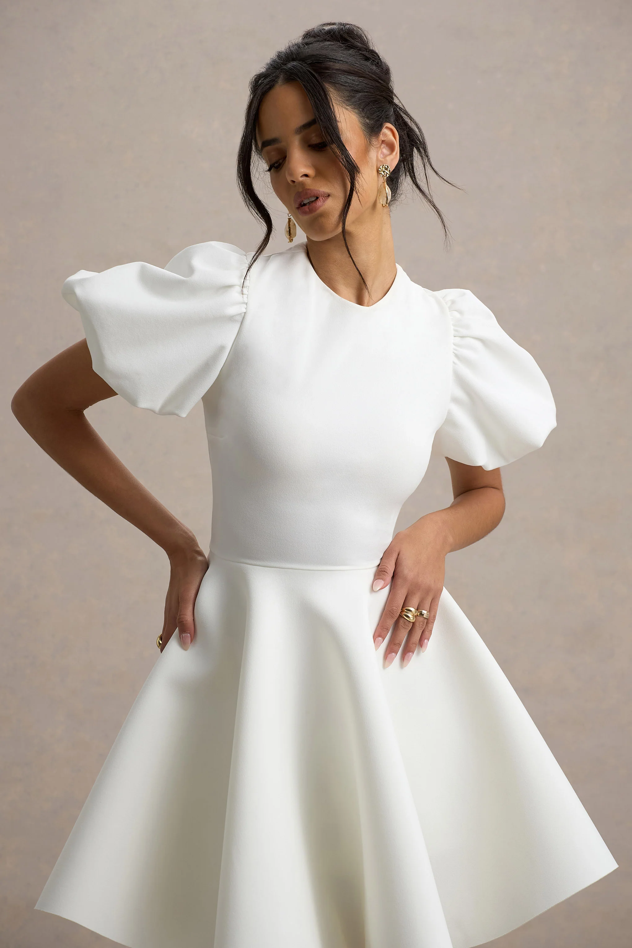 Emelia | White Puff-Sleeve Skater Mini Dress - Image 3