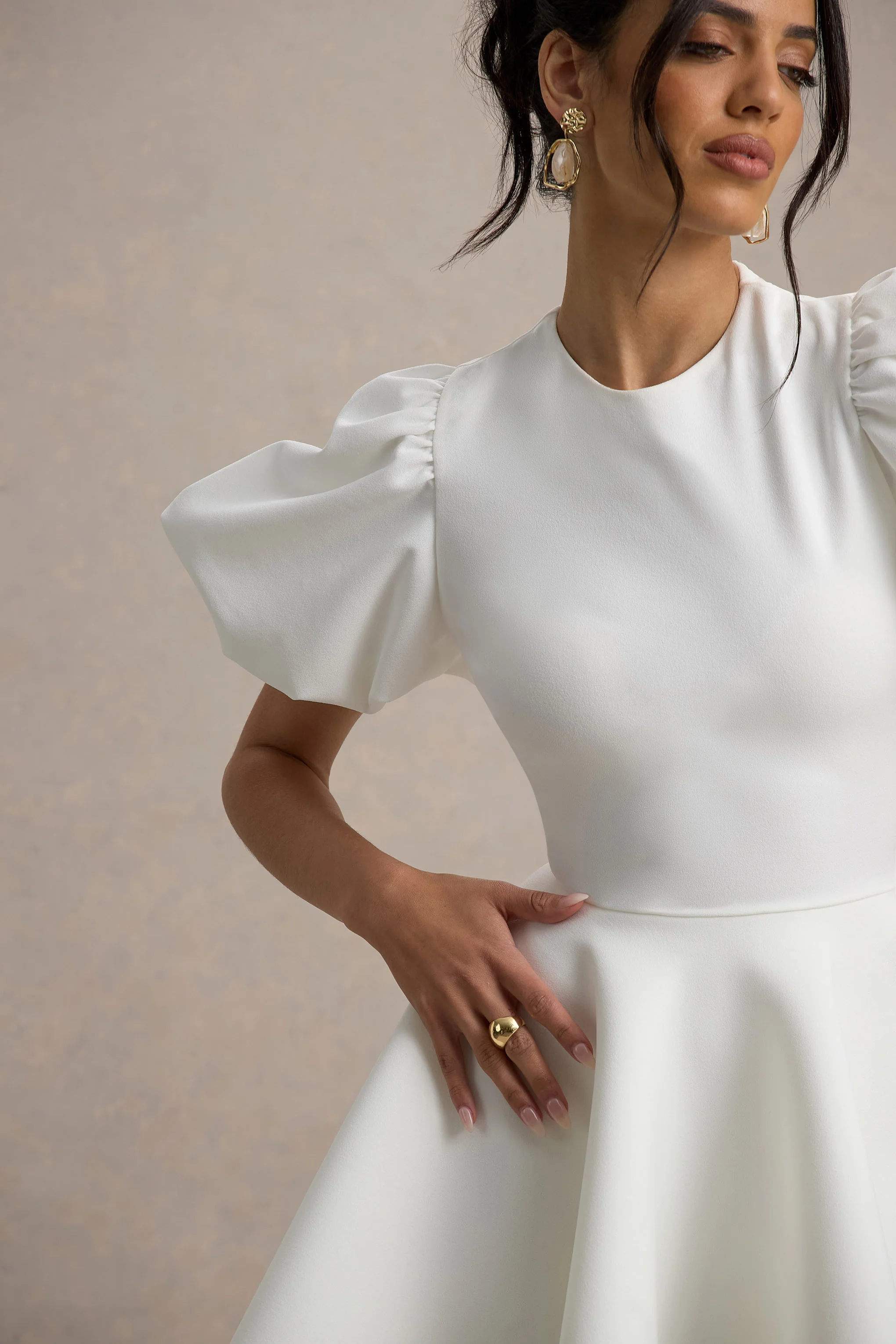 Emelia | White Puff-Sleeve Skater Mini Dress - Image 6