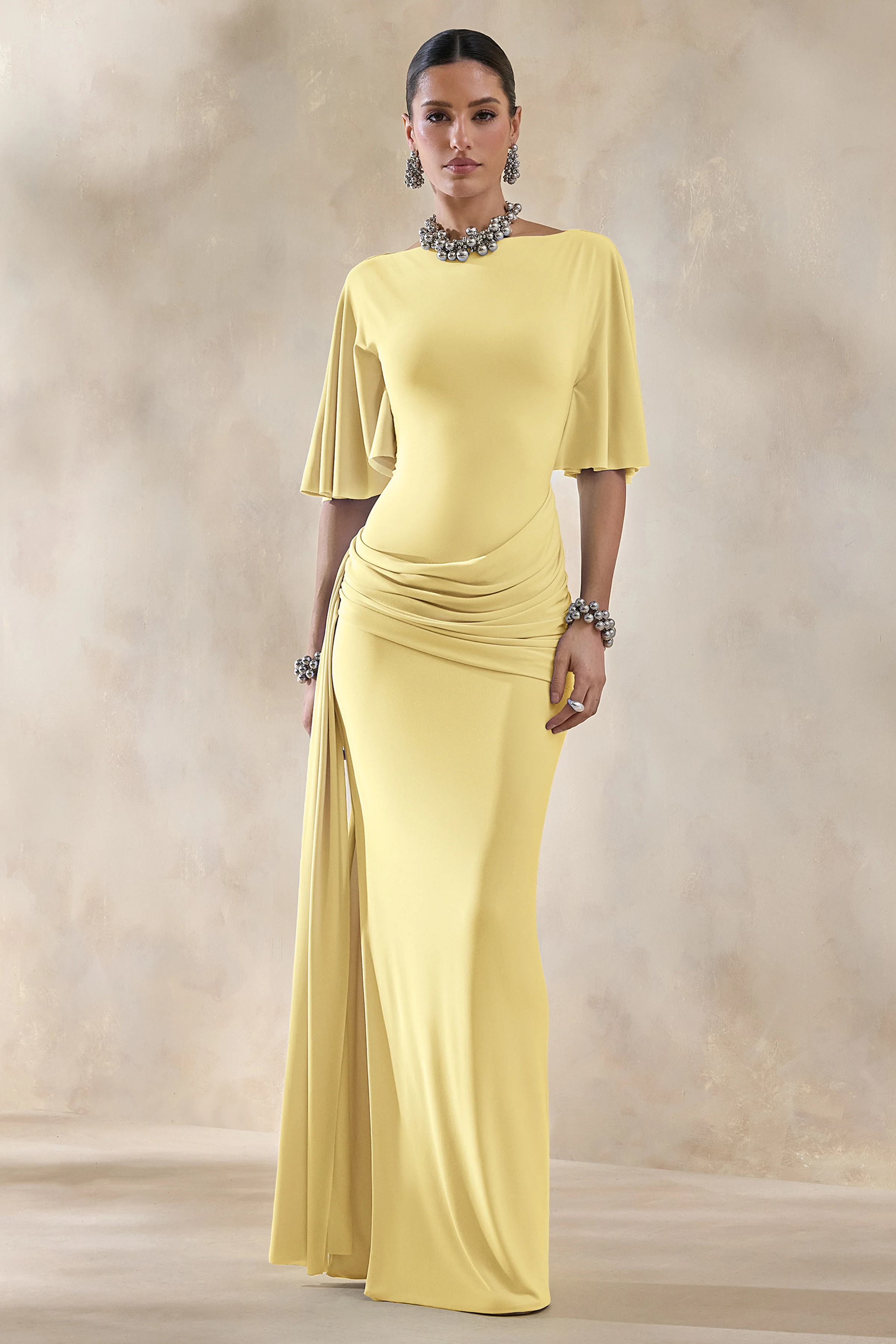 Emerelle | Lemon Wide-Neck Maxi Dress With Sash And Draped-Detailing
