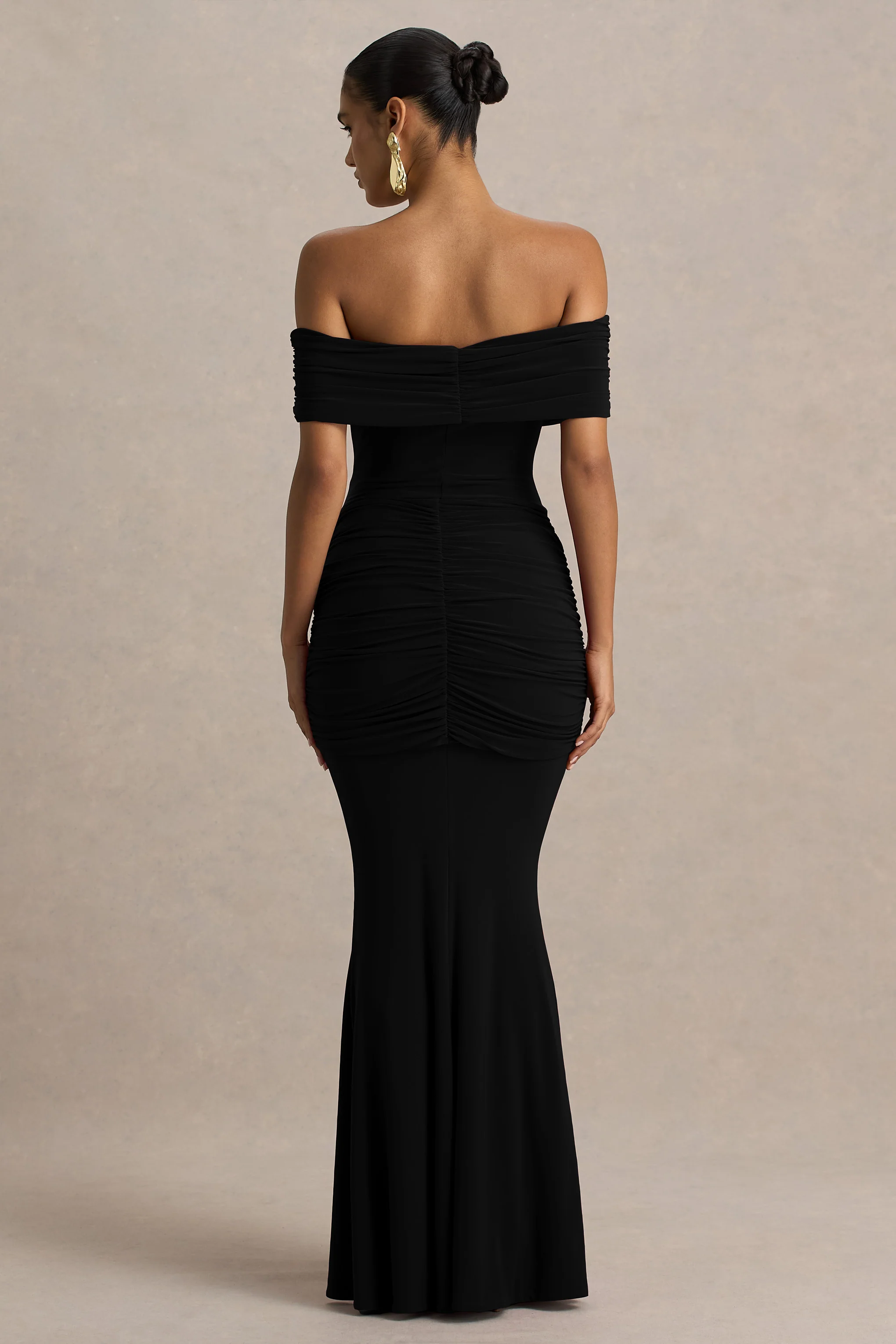 Envisioned | Black Bardot-Neck Maxi Dress With Gathered And Drape Detail - Image 2