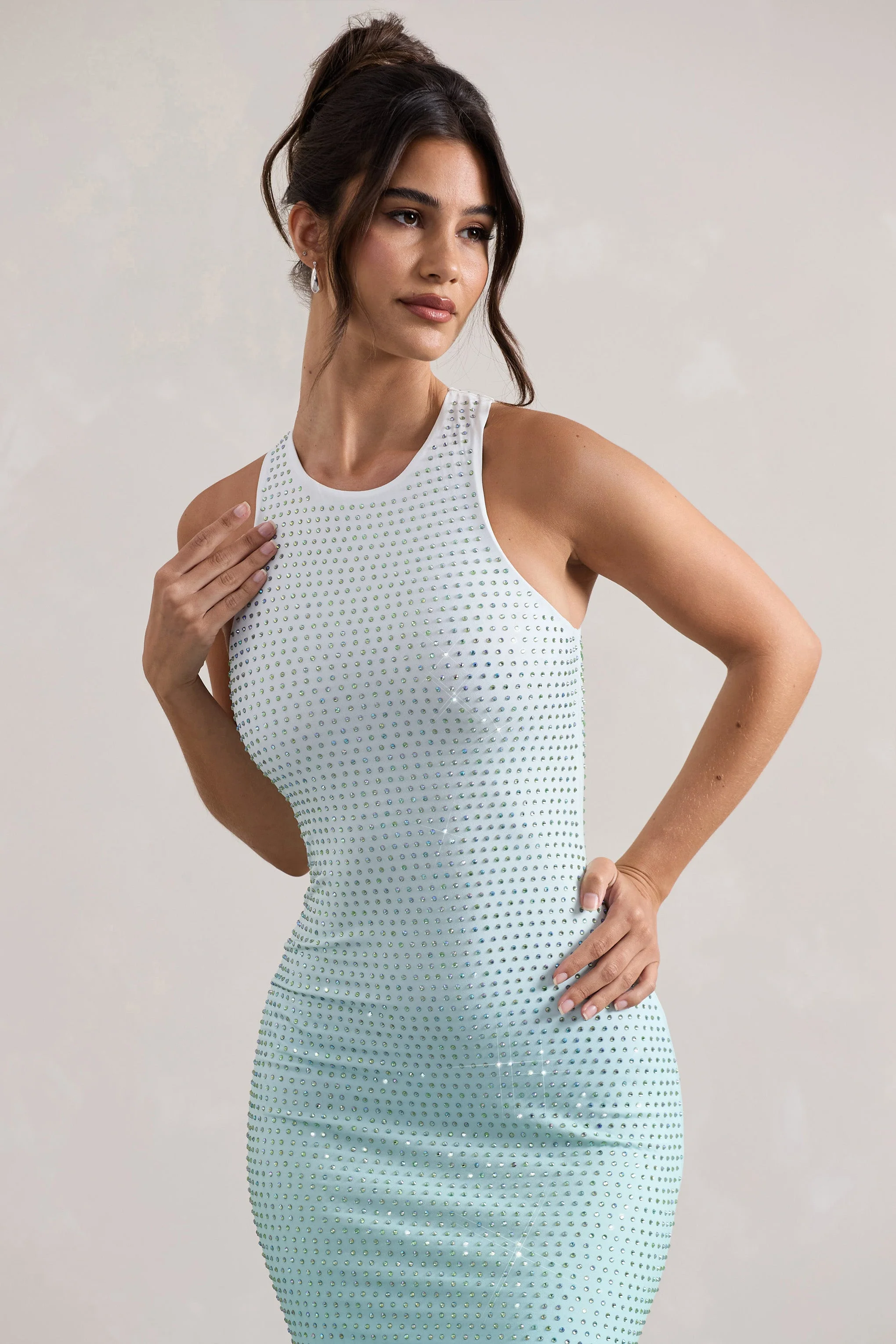Escala | Mint Ombre Embellished Racer-Neck Maxi Dress - Image 5