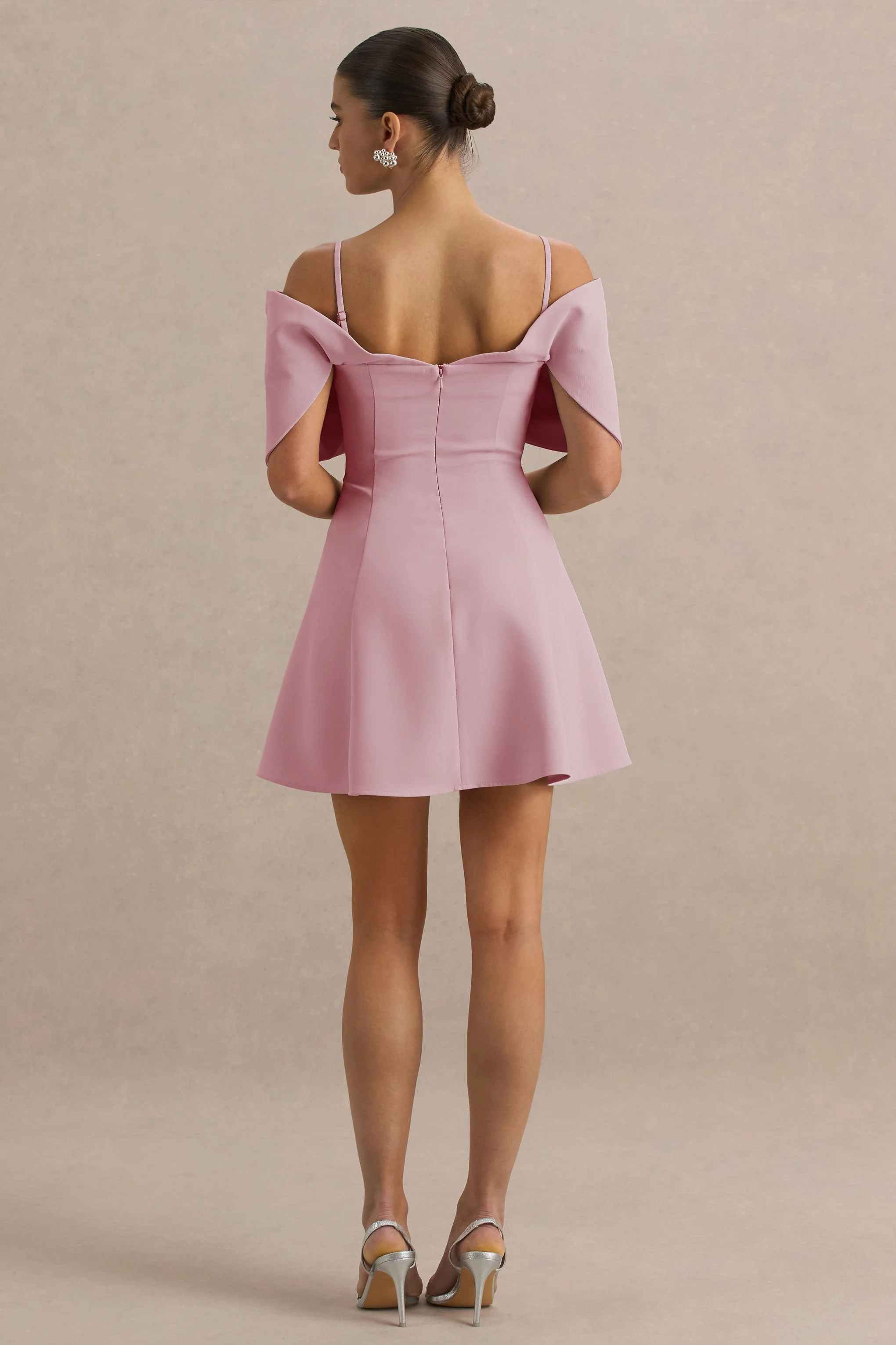Faria | Blush Pink Short-Sleeve Bardot Mini Dress With Bow Detail - Image 2