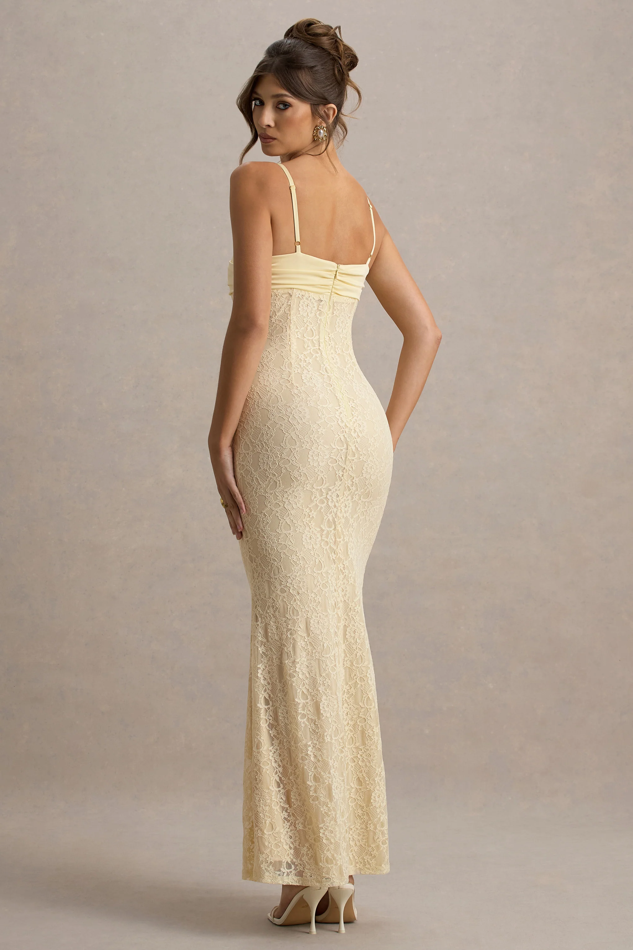 Felicia | Pale Lemon Satin Sweetheart Maxi Dress With Lace Details - Image 2