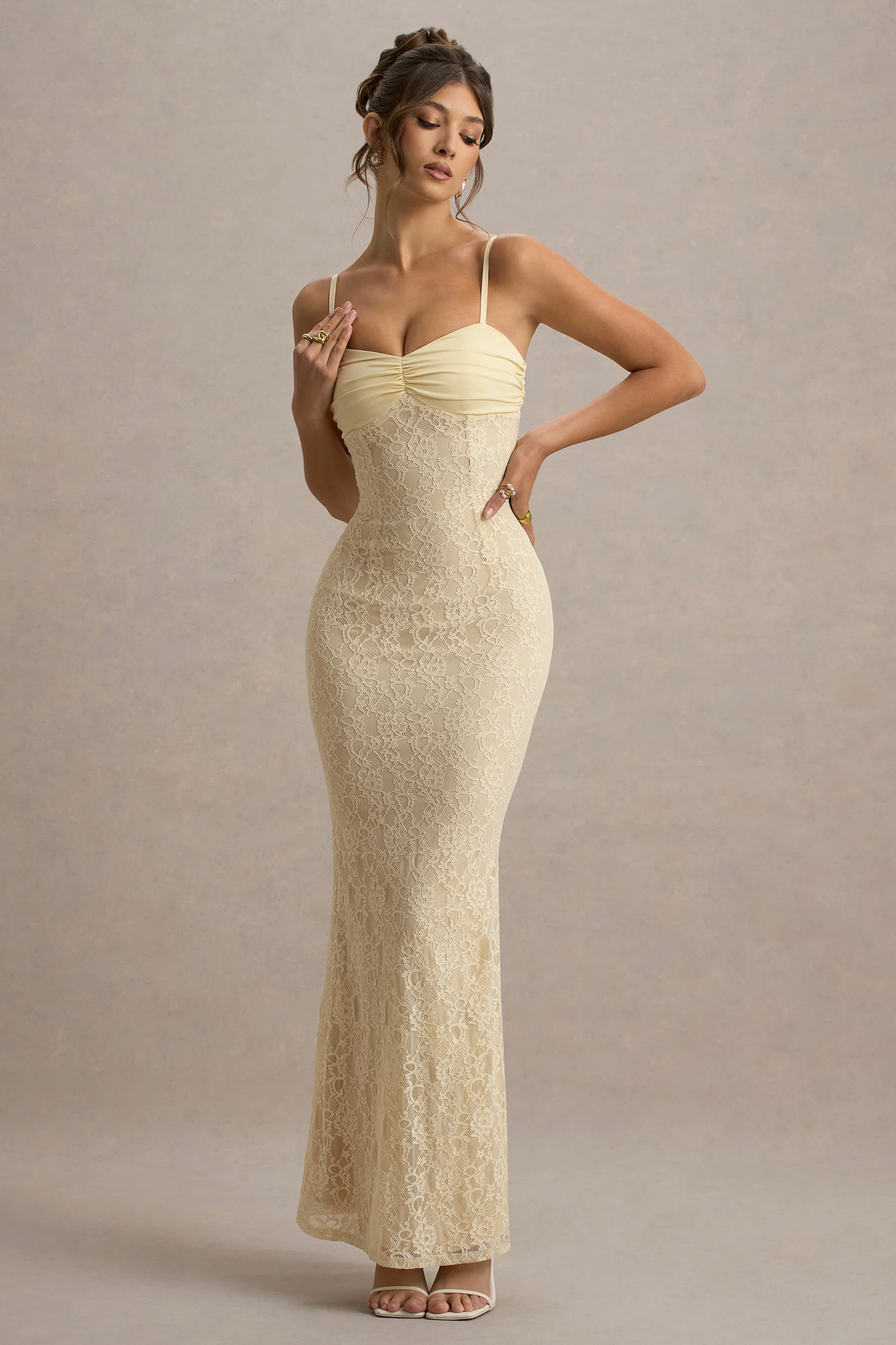 Felicia | Pale Lemon Satin Sweetheart Maxi Dress With Lace Details - Image 4