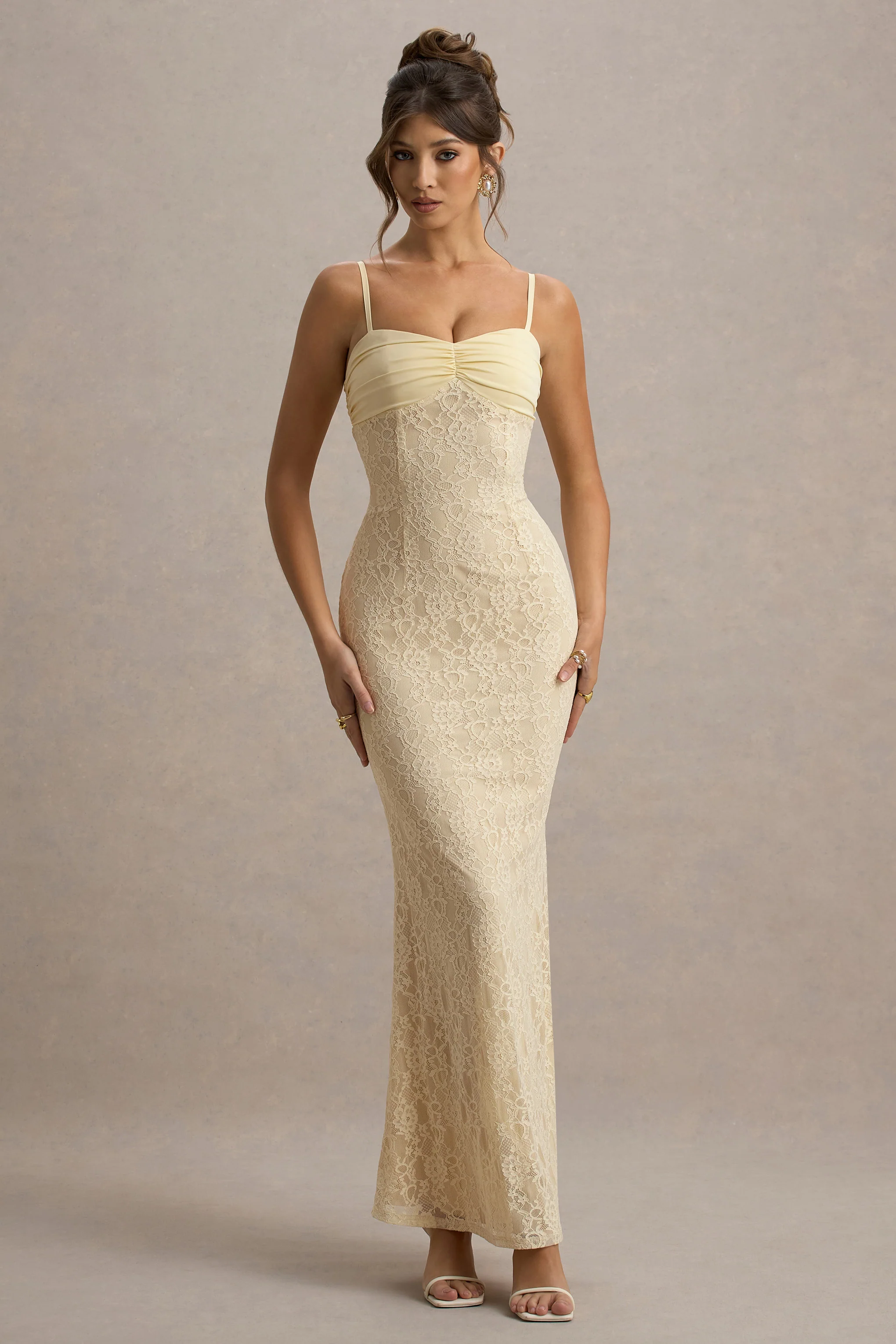 Felicia | Pale Lemon Satin Sweetheart Maxi Dress With Lace Details - Image 5
