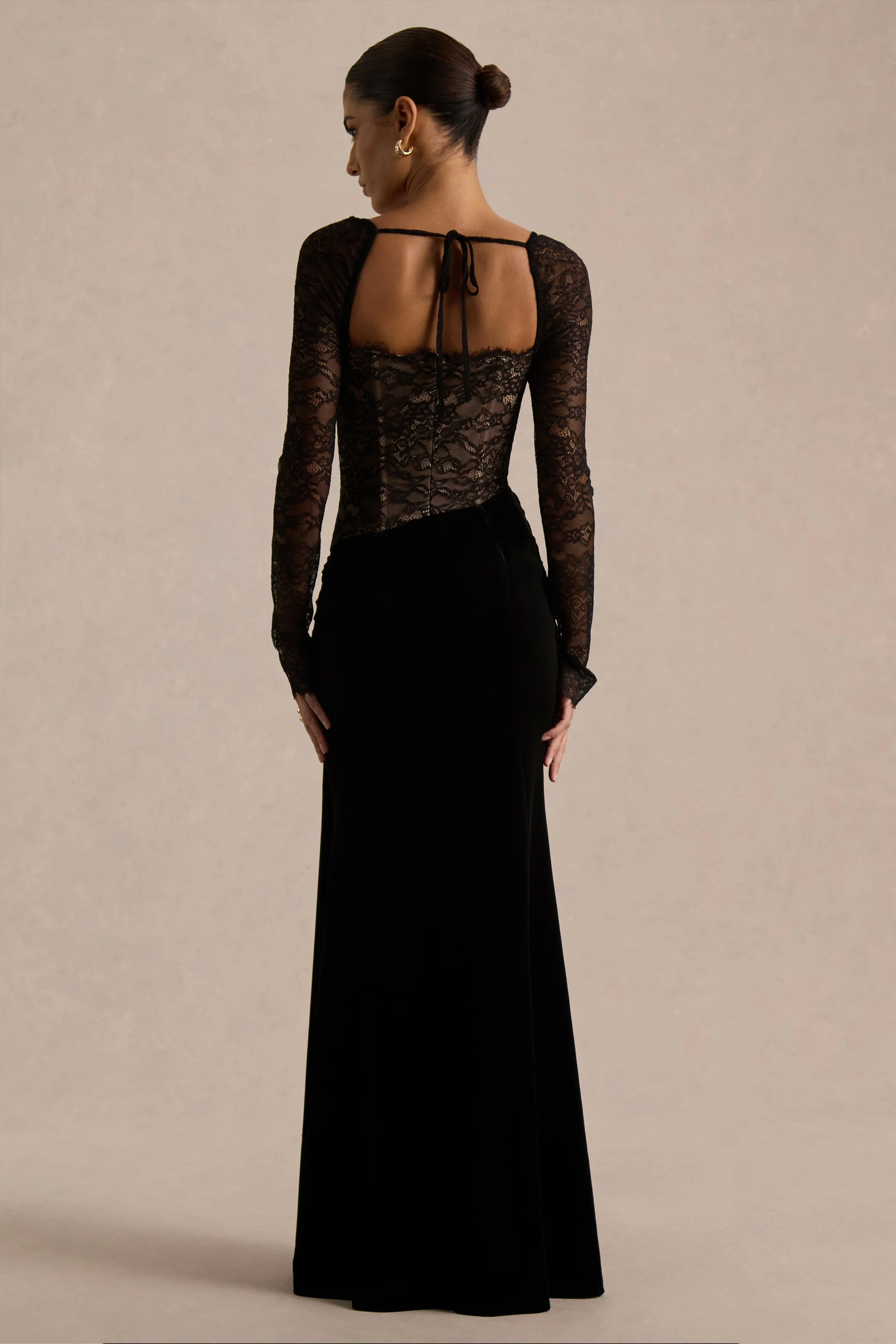 Finesse | Black Lace And Velvet Square-Neck Maxi Dress With Draped Skirt - Image 2