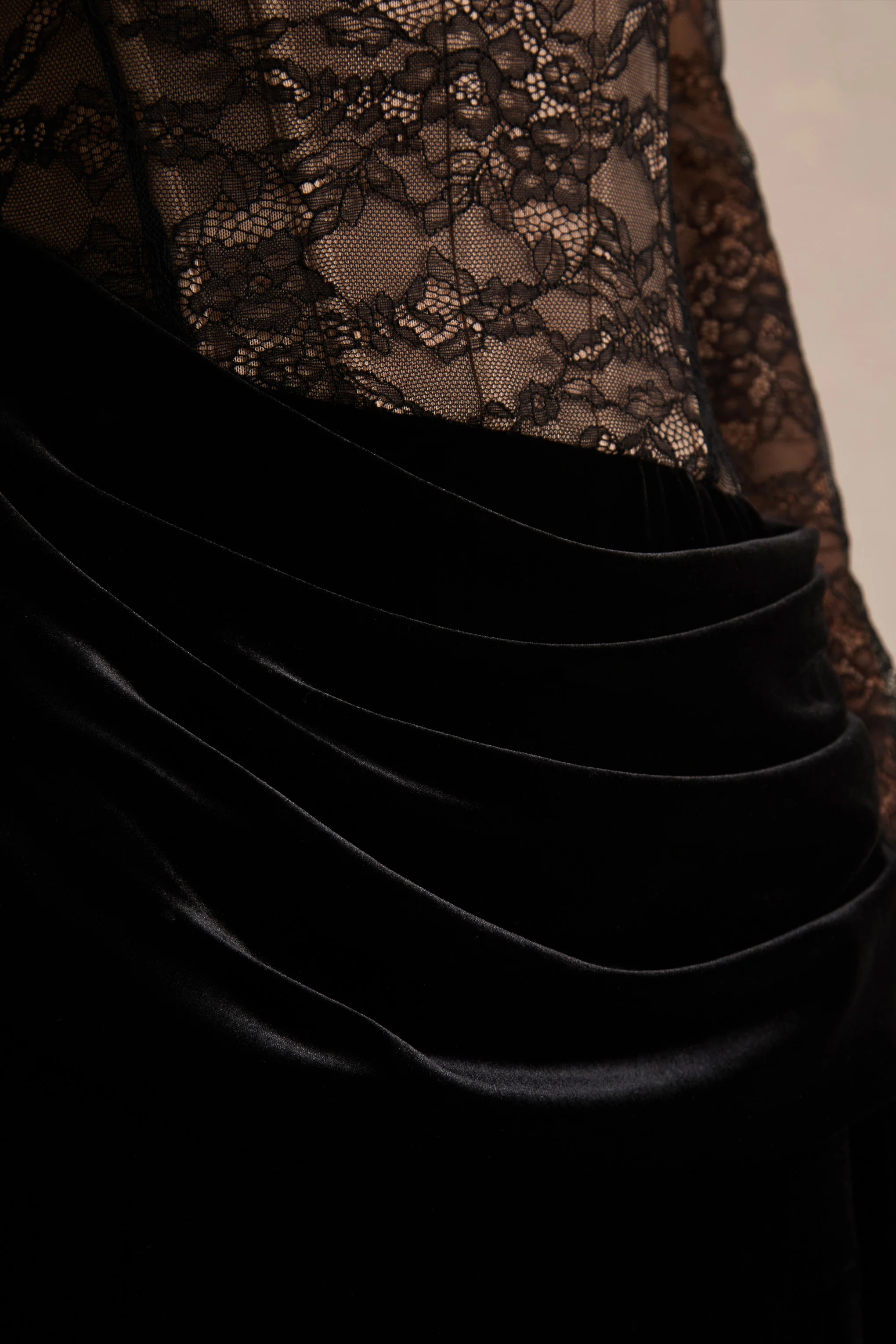 Finesse | Black Lace And Velvet Square-Neck Maxi Dress With Draped Skirt - Image 6