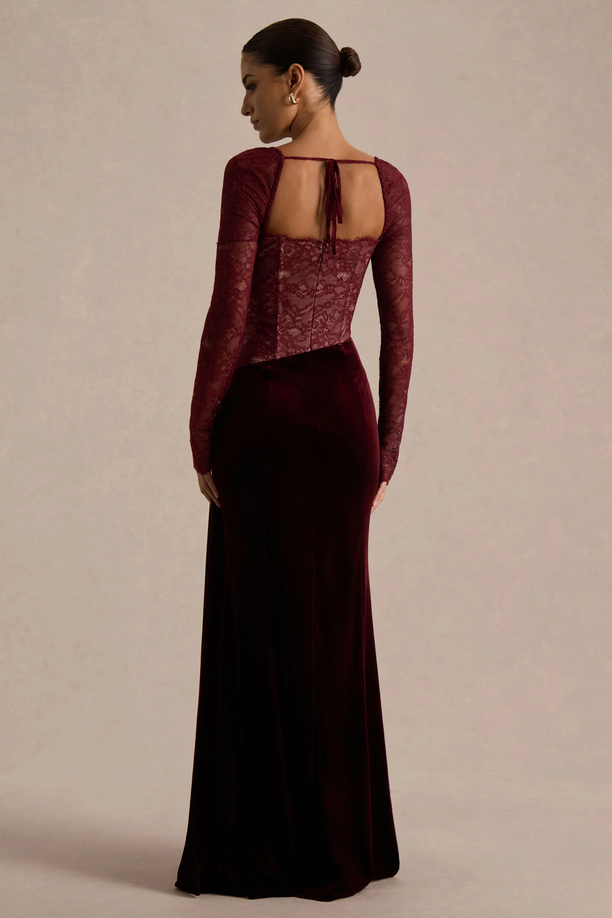 Finesse | Burgundy Lace And Velvet Square-Neck Maxi Dress With Draped Skirt - Image 2