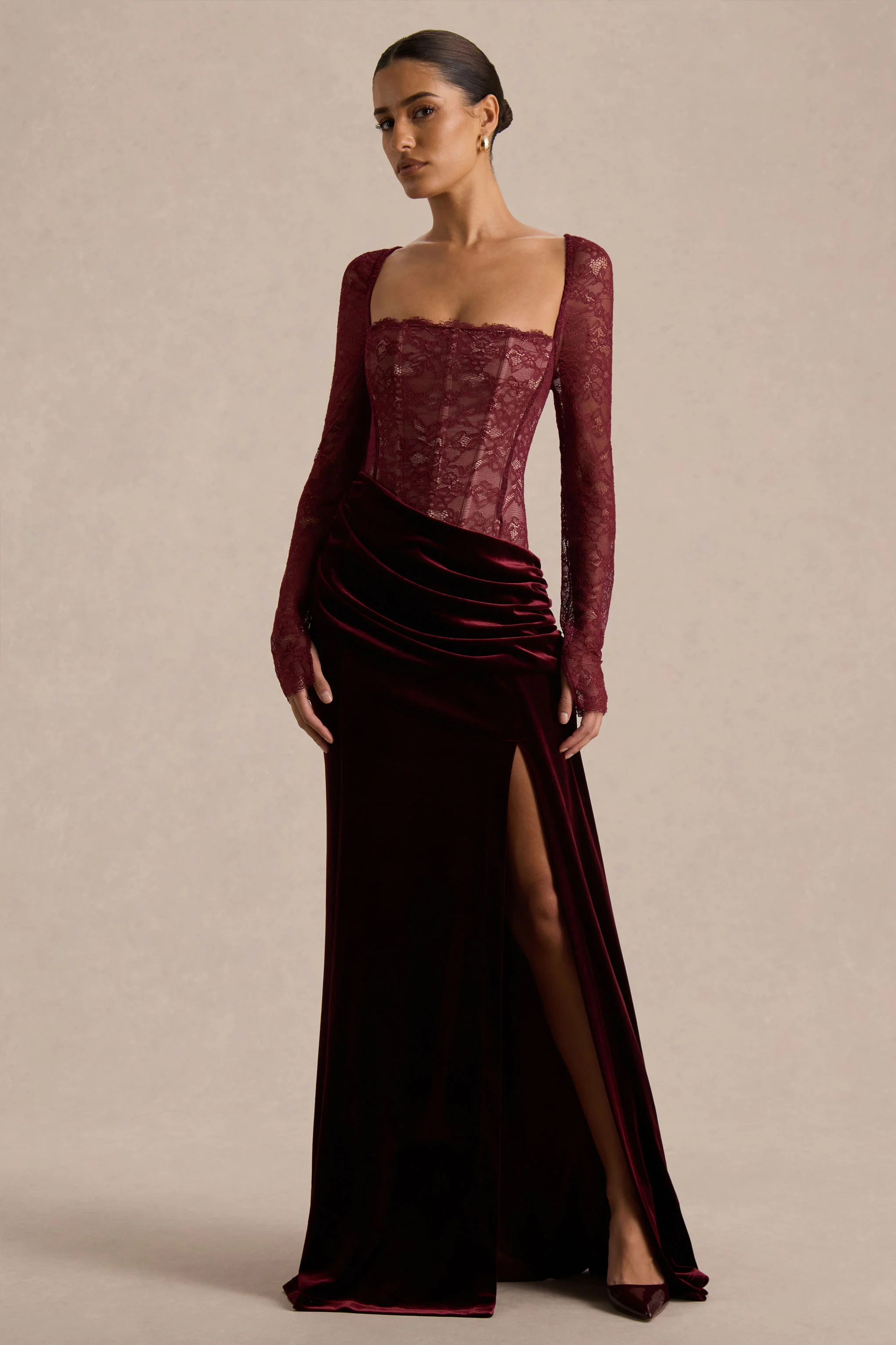 Finesse | Burgundy Lace And Velvet Square-Neck Maxi Dress With Draped Skirt - Image 5