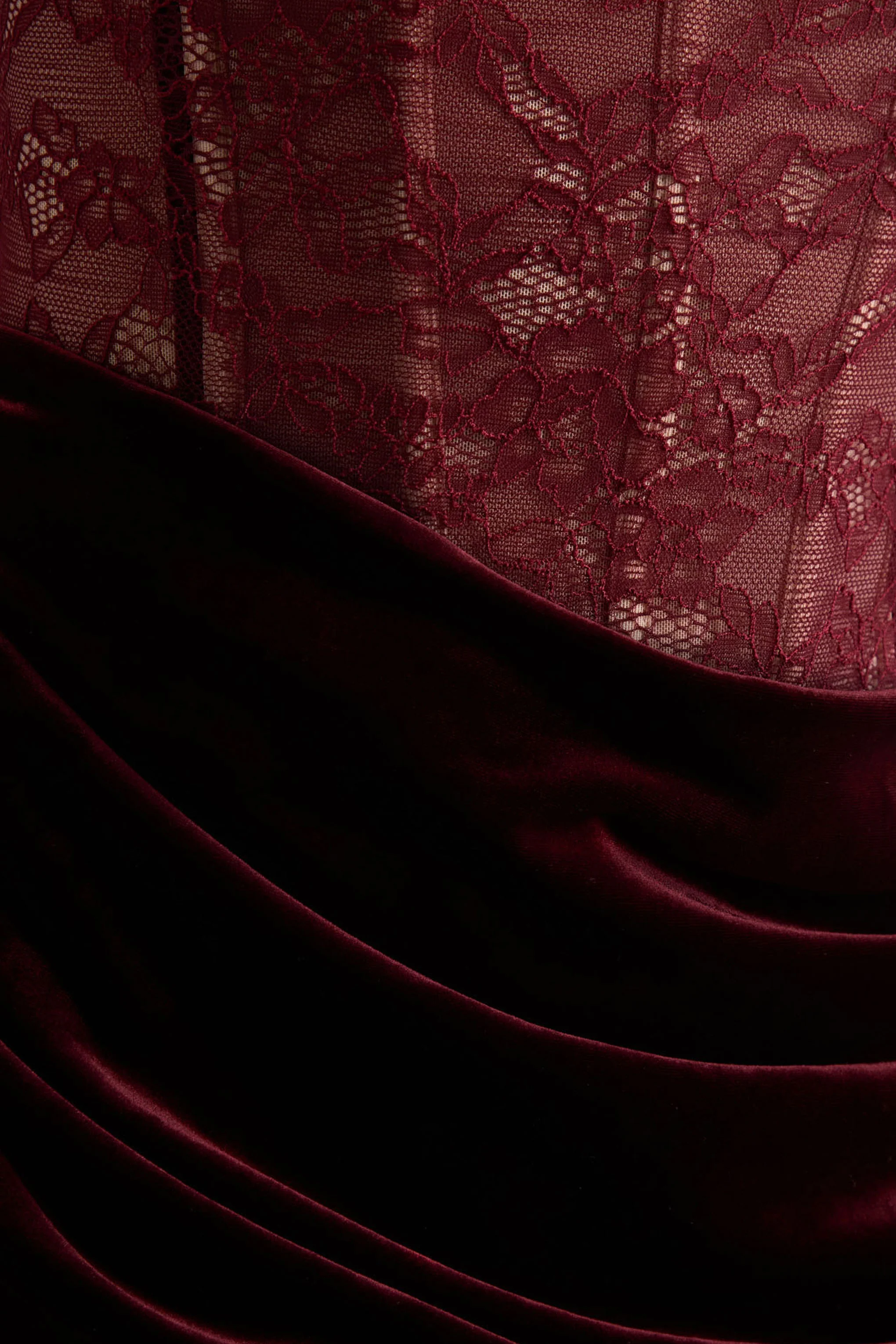 Finesse | Burgundy Lace And Velvet Square-Neck Maxi Dress With Draped Skirt - Image 6