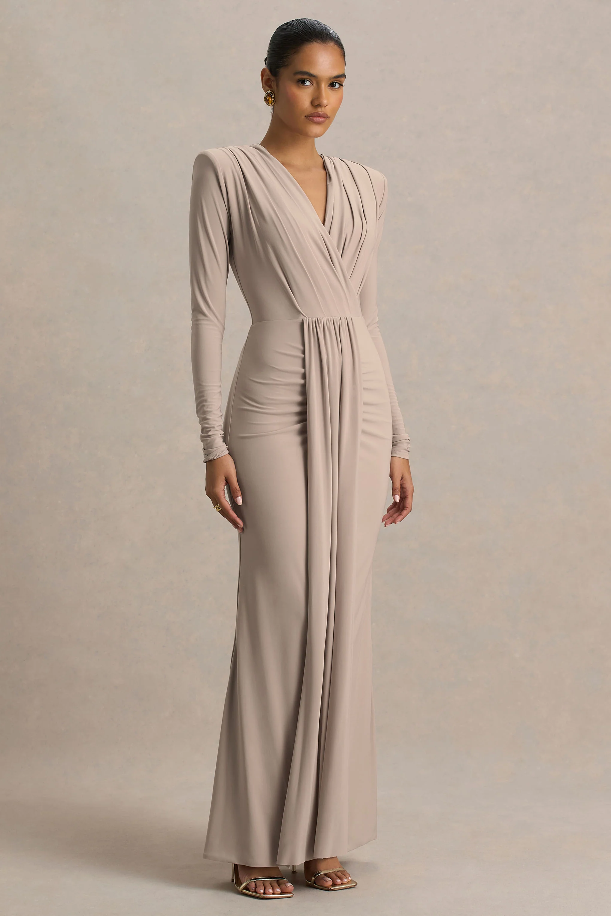 Flashy | Champagne Plunge-Neck Maxi Dress With Ruched Detailing - Image 4