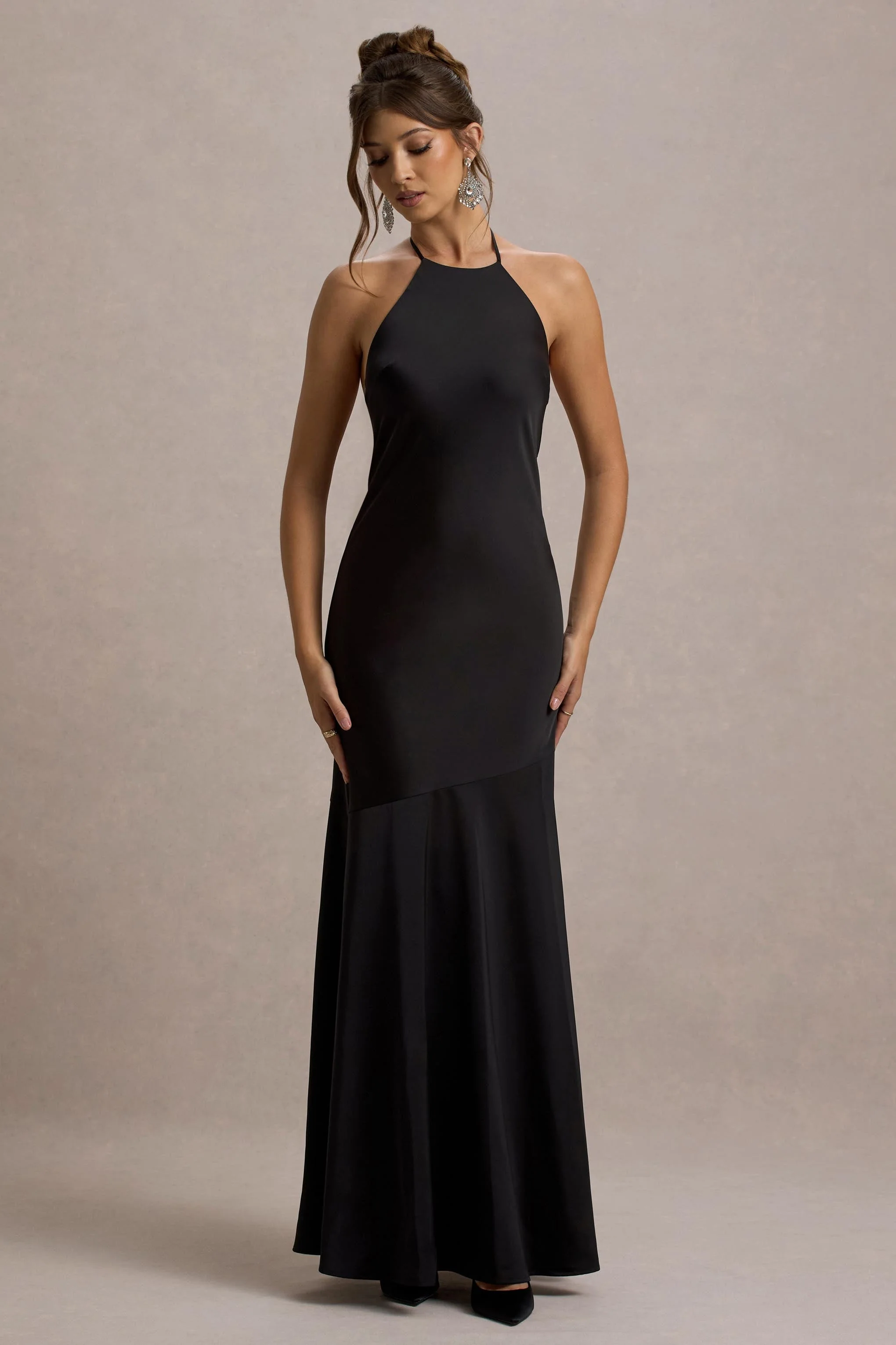 Frida | Black Satin Halter-Neck Backless Maxi Dress - Image 6