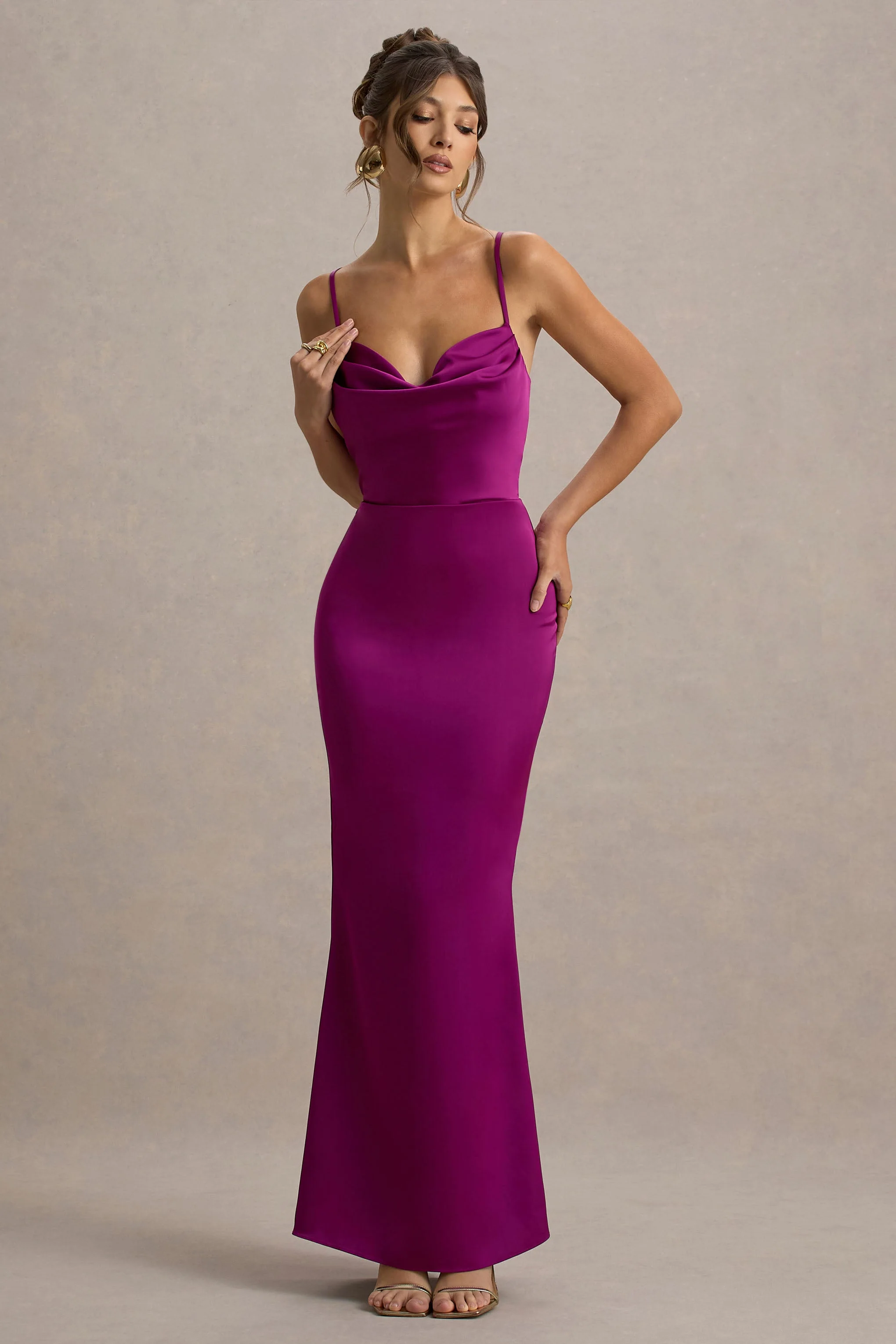 Gia | Dark Pink Satin Cowl-Neck Maxi Dress - Image 5