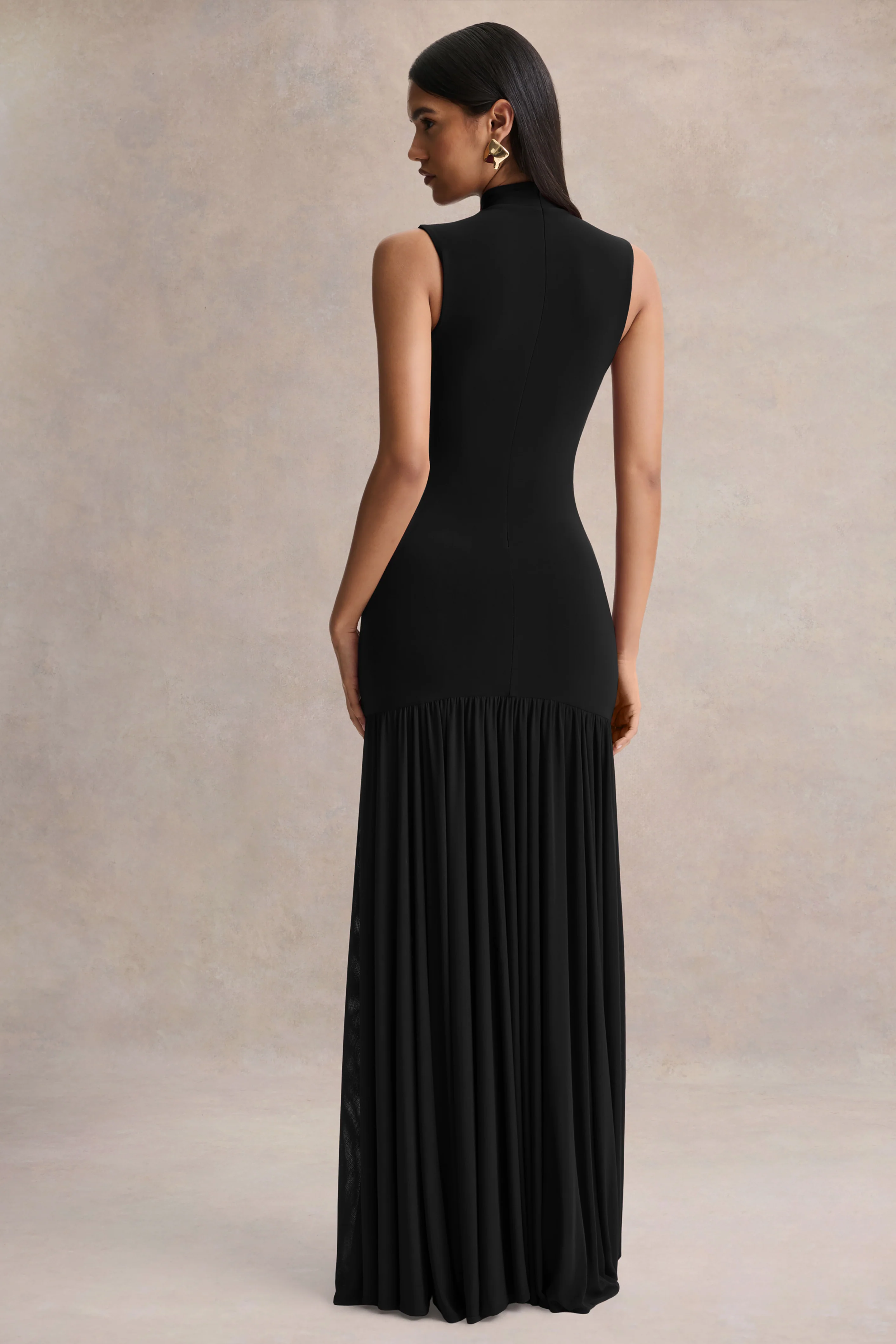 Gigi | Black High-Neck Maxi Dress With Drop-Waist And Sheer Skirt - Image 2