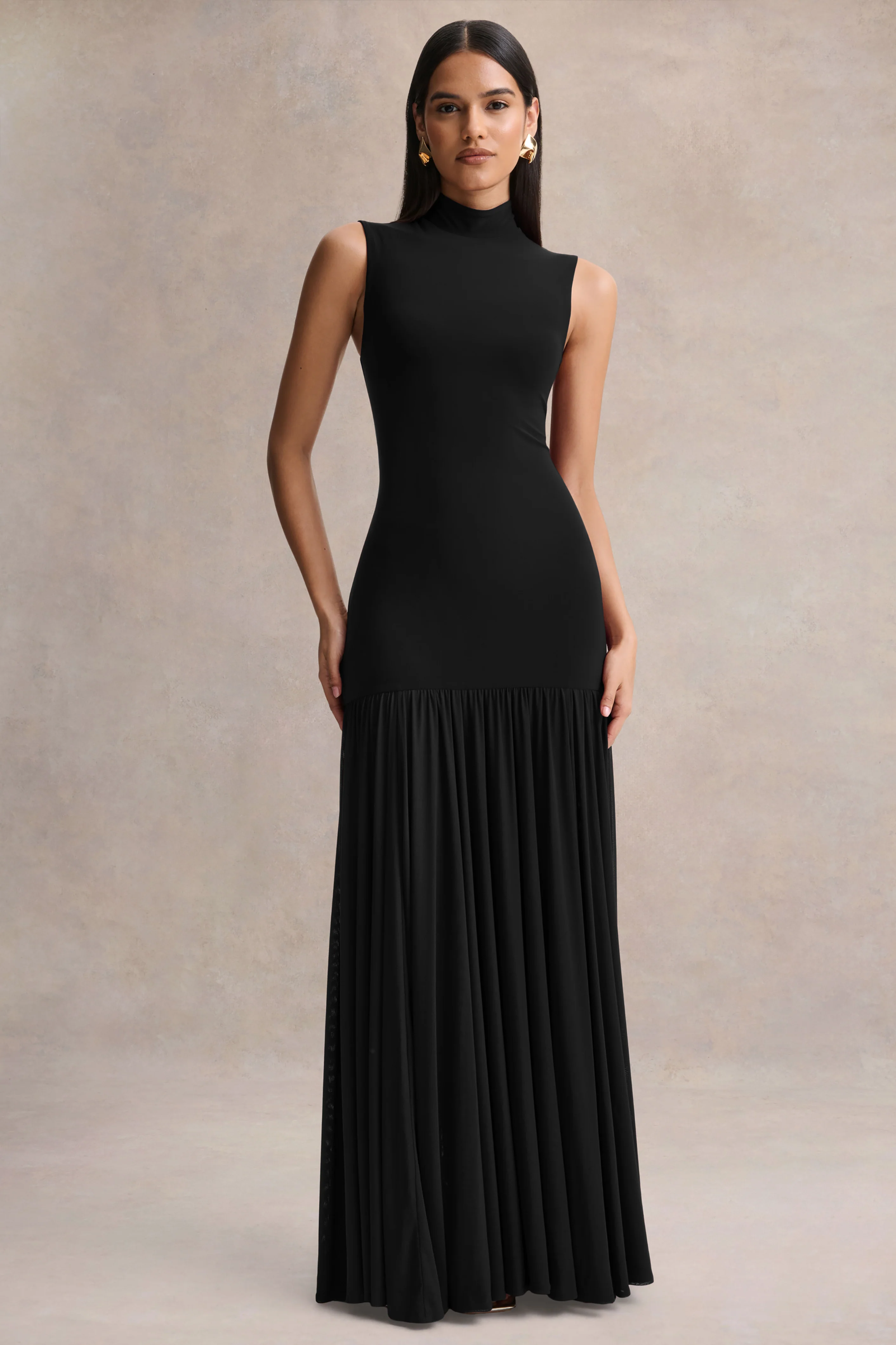 Gigi | Black High-Neck Maxi Dress With Drop-Waist And Sheer Skirt - Image 4