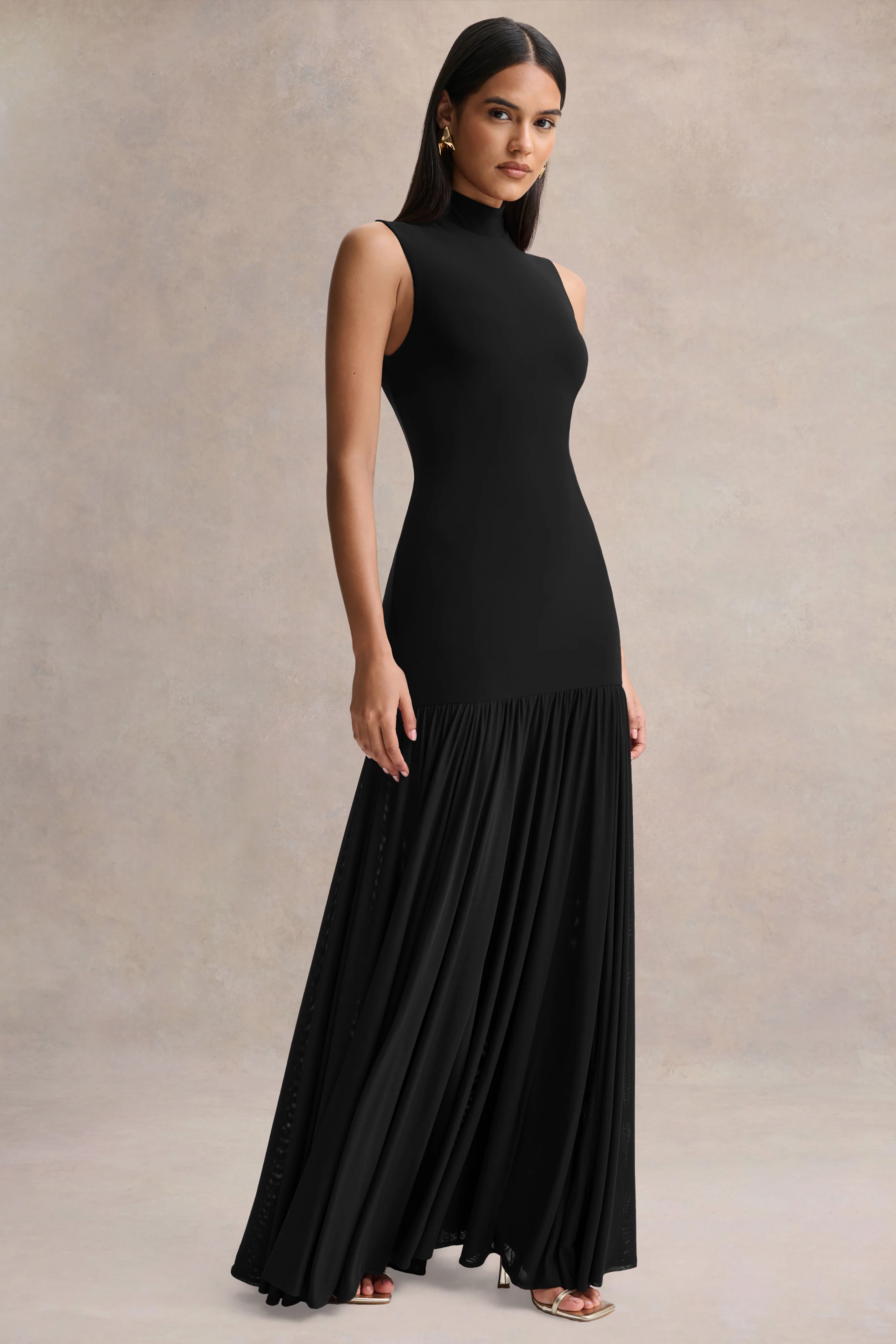 Gigi | Black High-Neck Maxi Dress With Drop-Waist And Sheer Skirt - Image 5