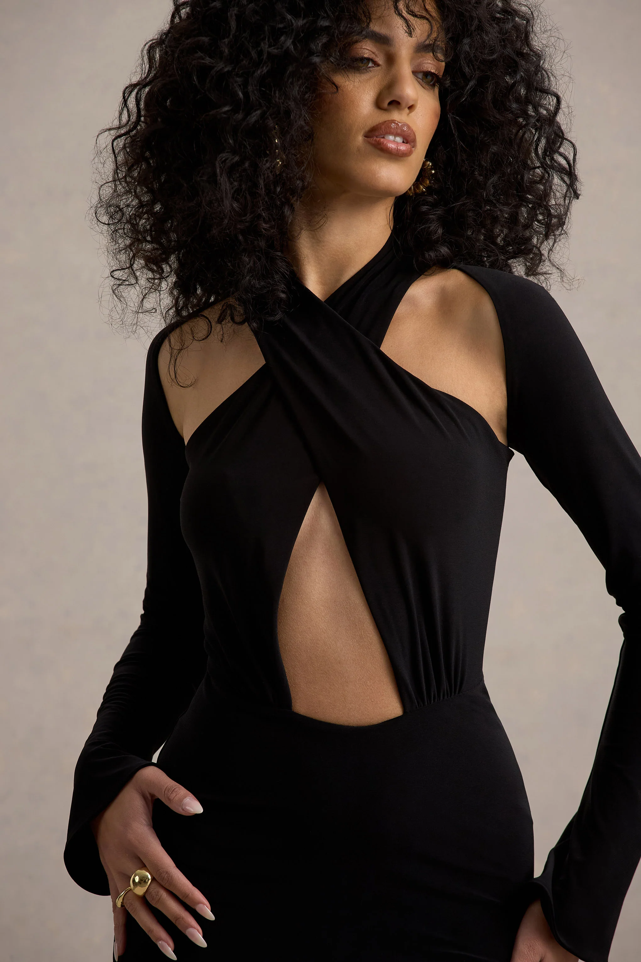Gita | Black Halter-Neck Long-Sleeve Maxi Dress - Image 10