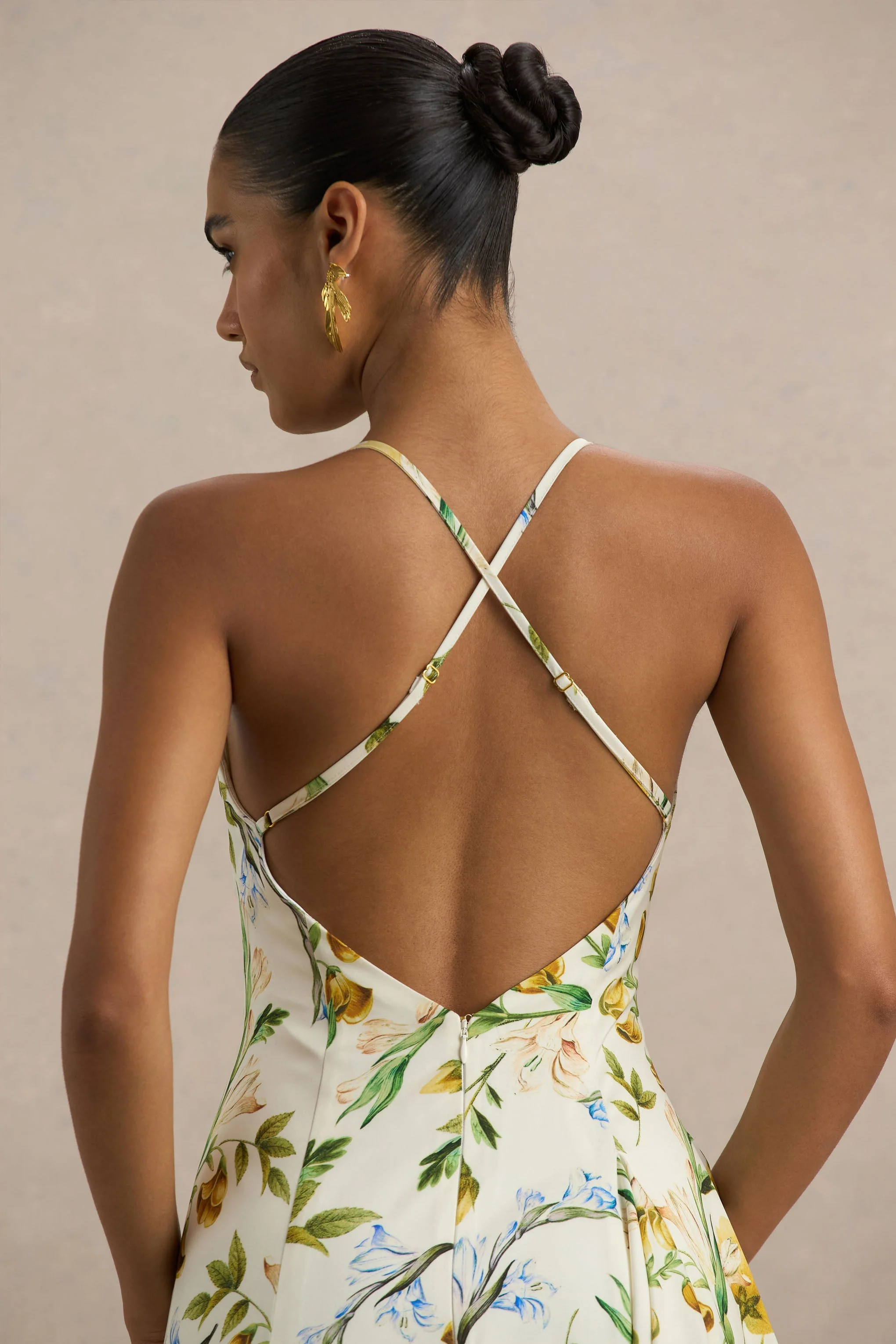Glint | Lemon Floral Print Satin Plunge-Neck Maxi Dress With Asymmetric Hem - Image 3