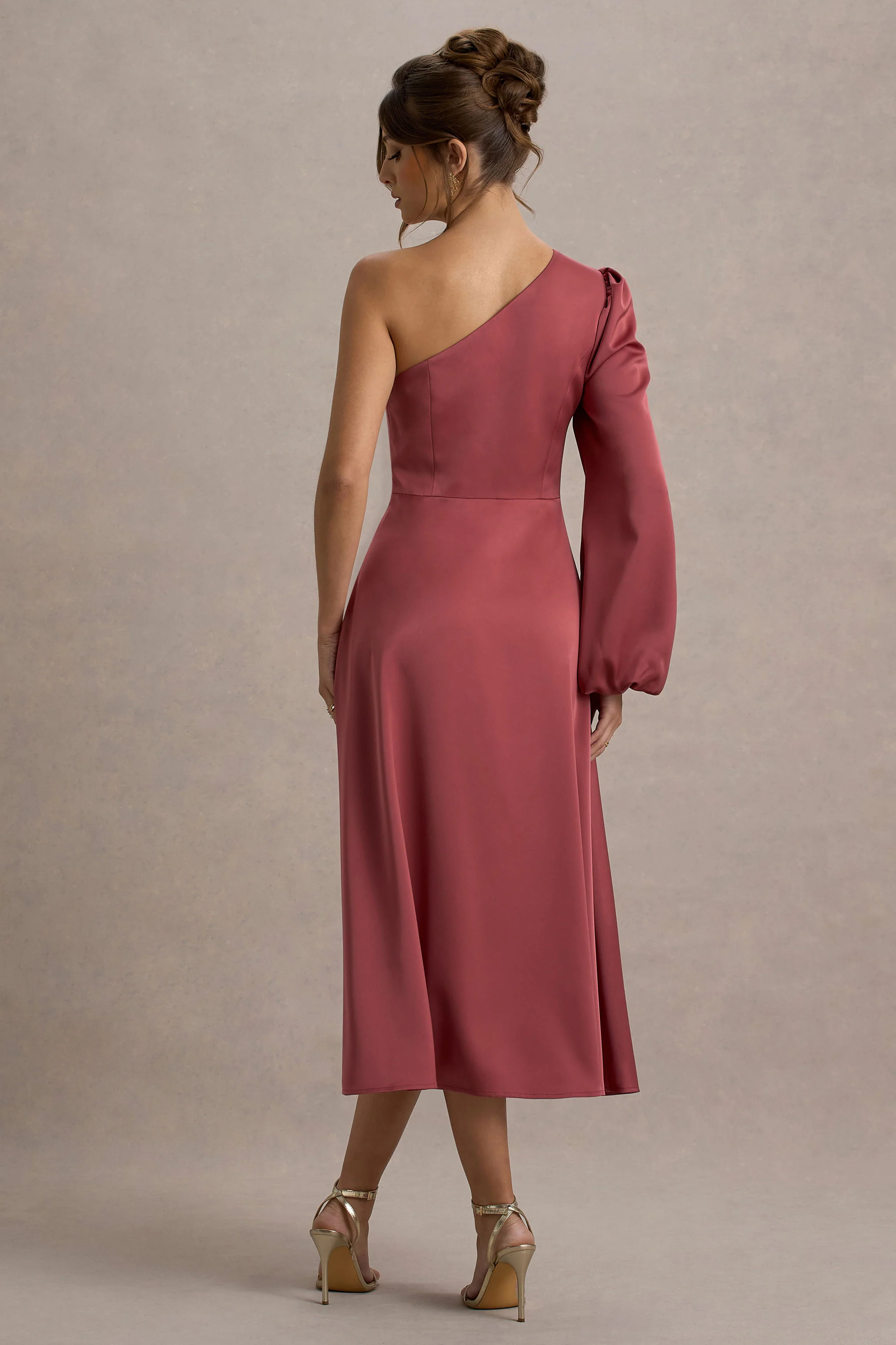 Haila | Rose Pink Satin One-Shoulder Midi Dress - Image 2