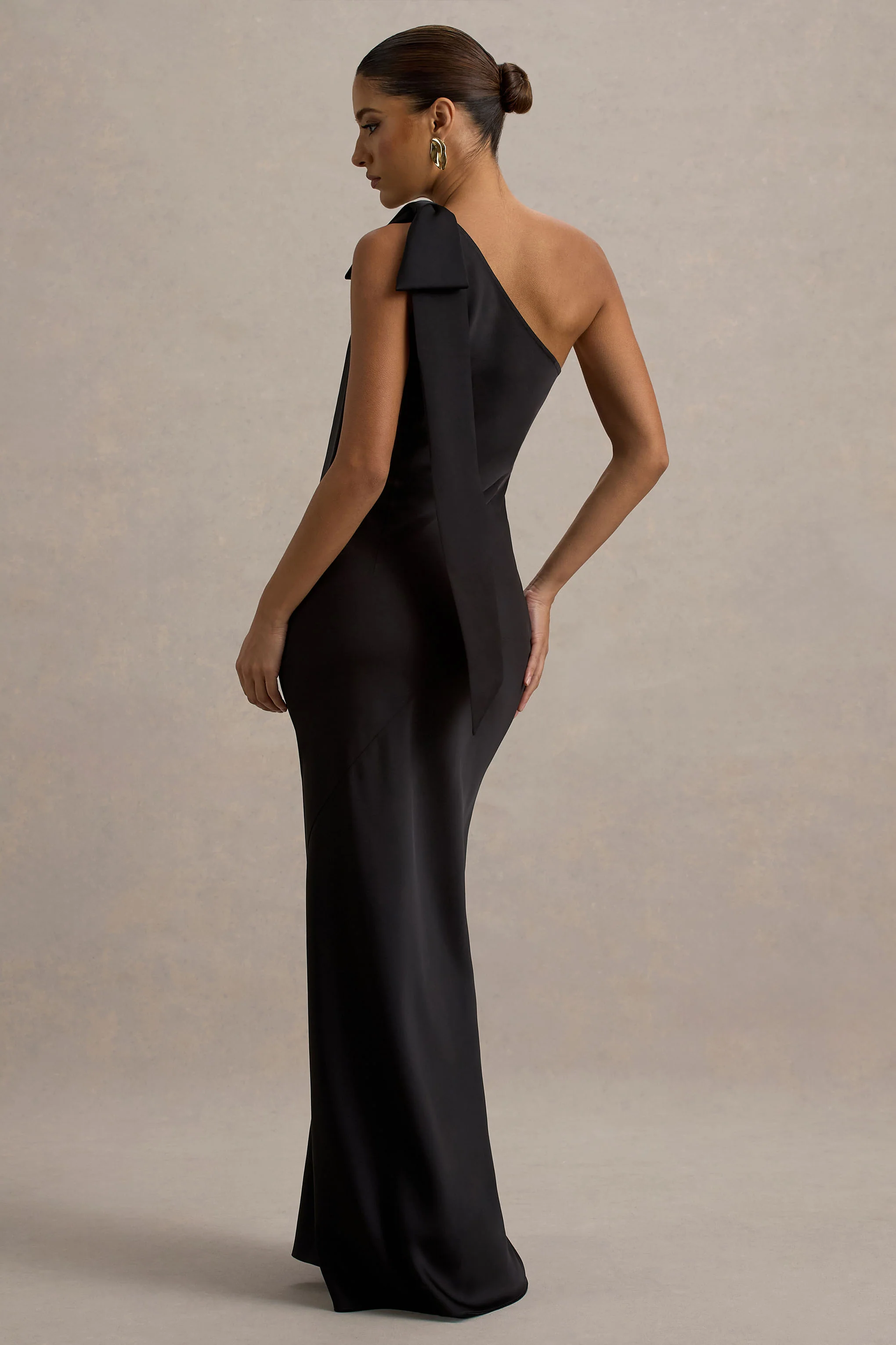 Here For Love | Black Satin Asymmetric Maxi Dress With Bow - Image 2
