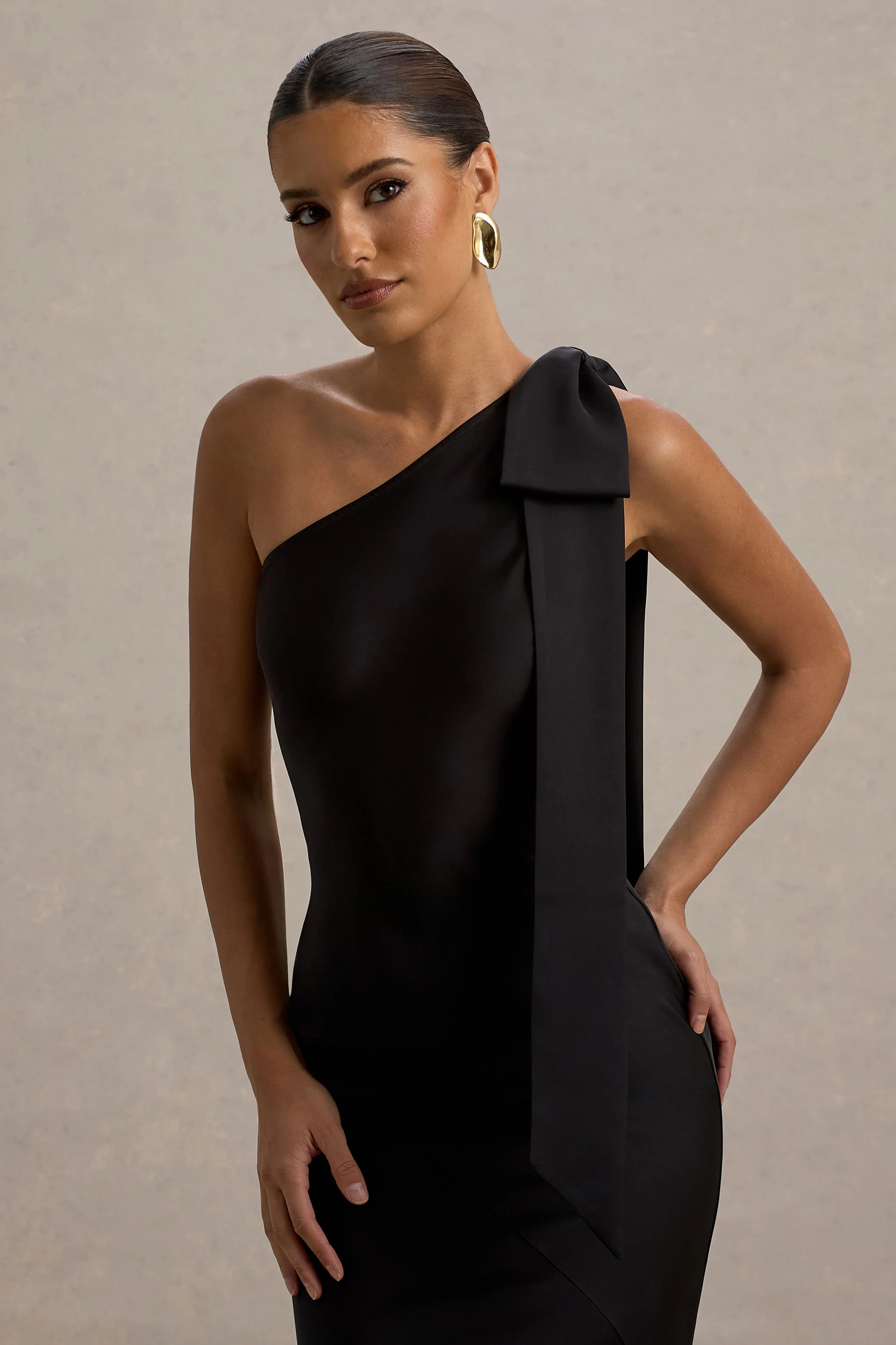 Here For Love | Black Satin Asymmetric Maxi Dress With Bow - Image 3