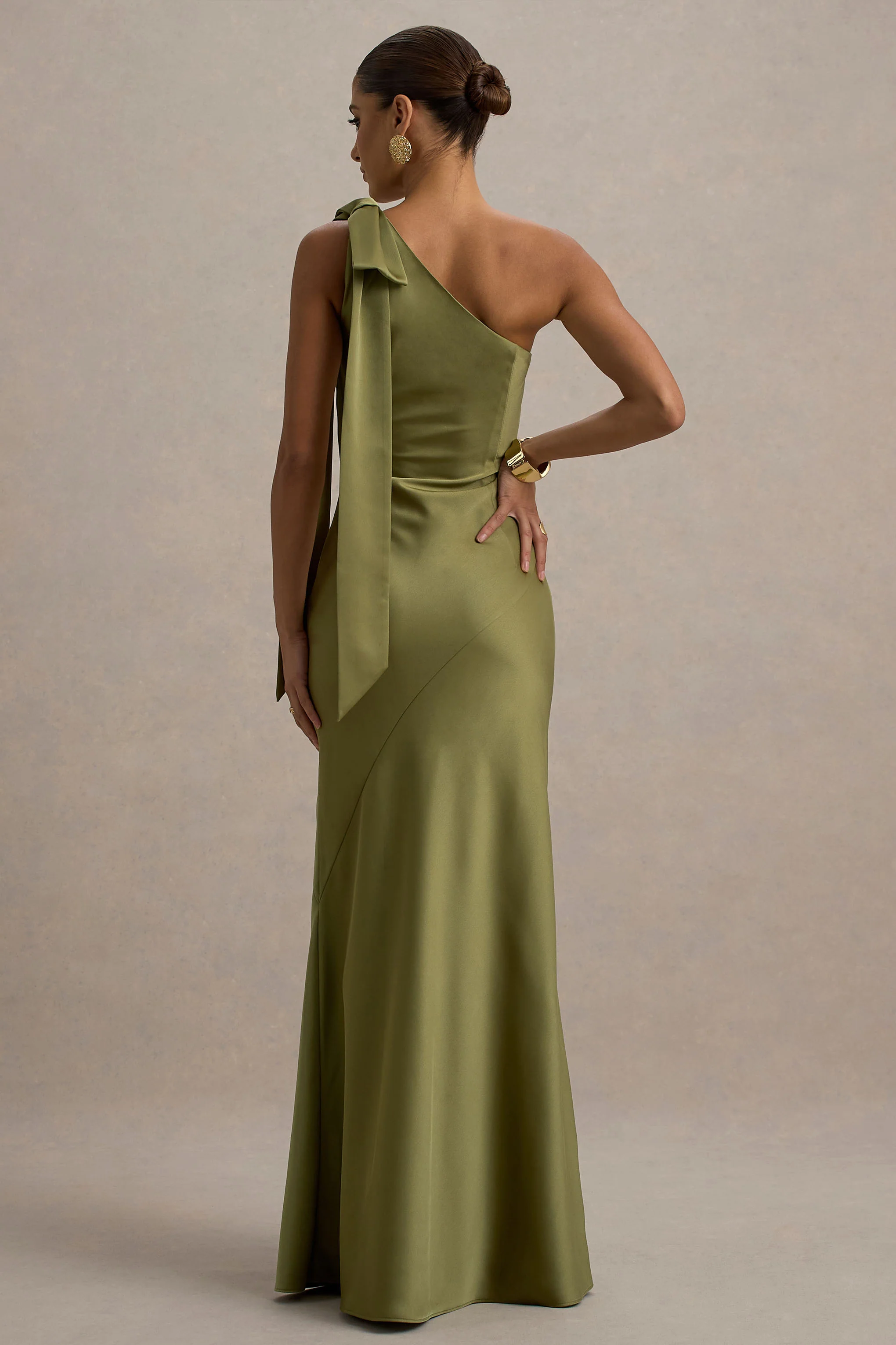 Here For Love | Khaki Satin Asymmetric Maxi Dress With Bow - Image 2