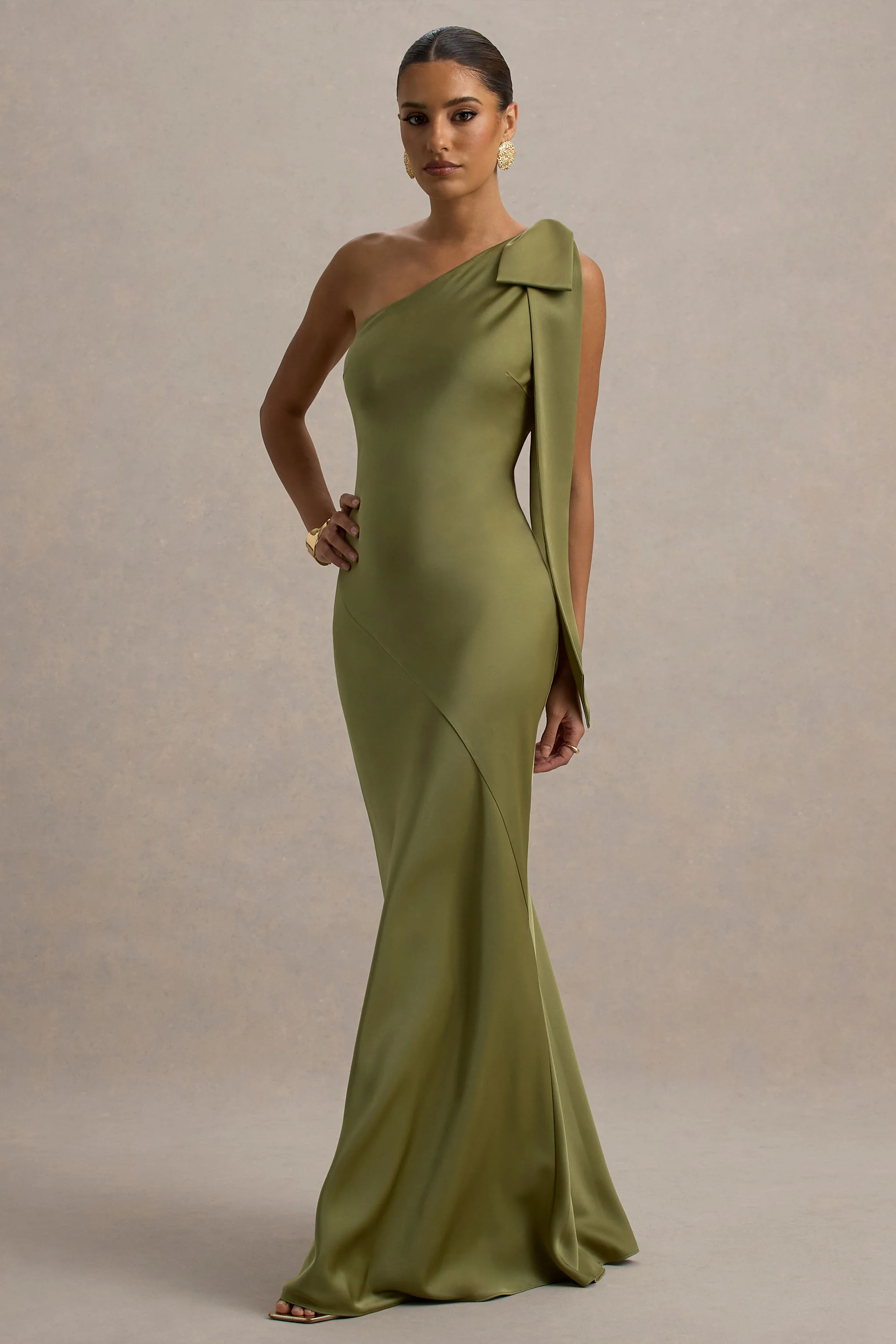 Here For Love | Khaki Satin Asymmetric Maxi Dress With Bow - Image 5