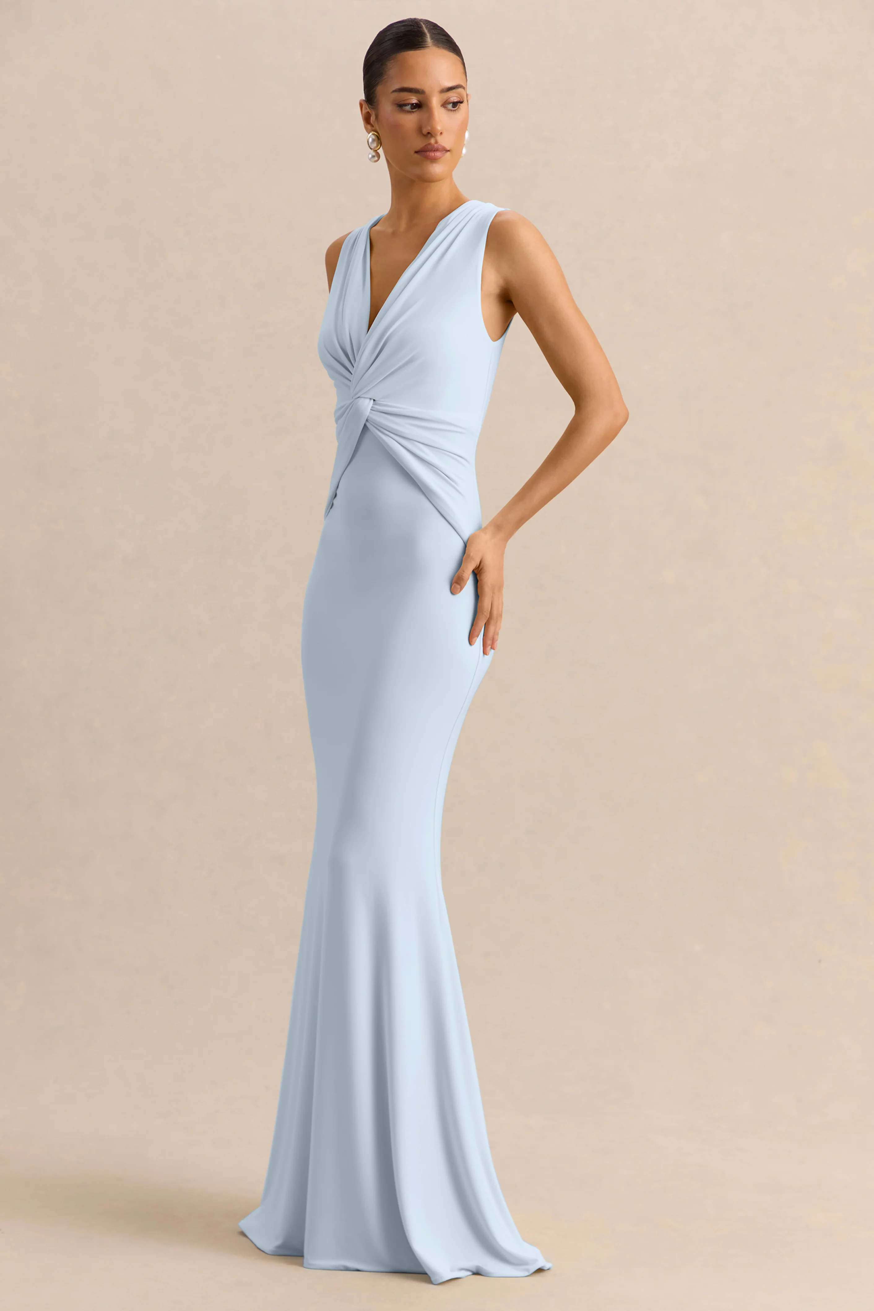 Holly | Powder Blue Plunge-Neck Maxi Dress With Twist-Detail - Image 4