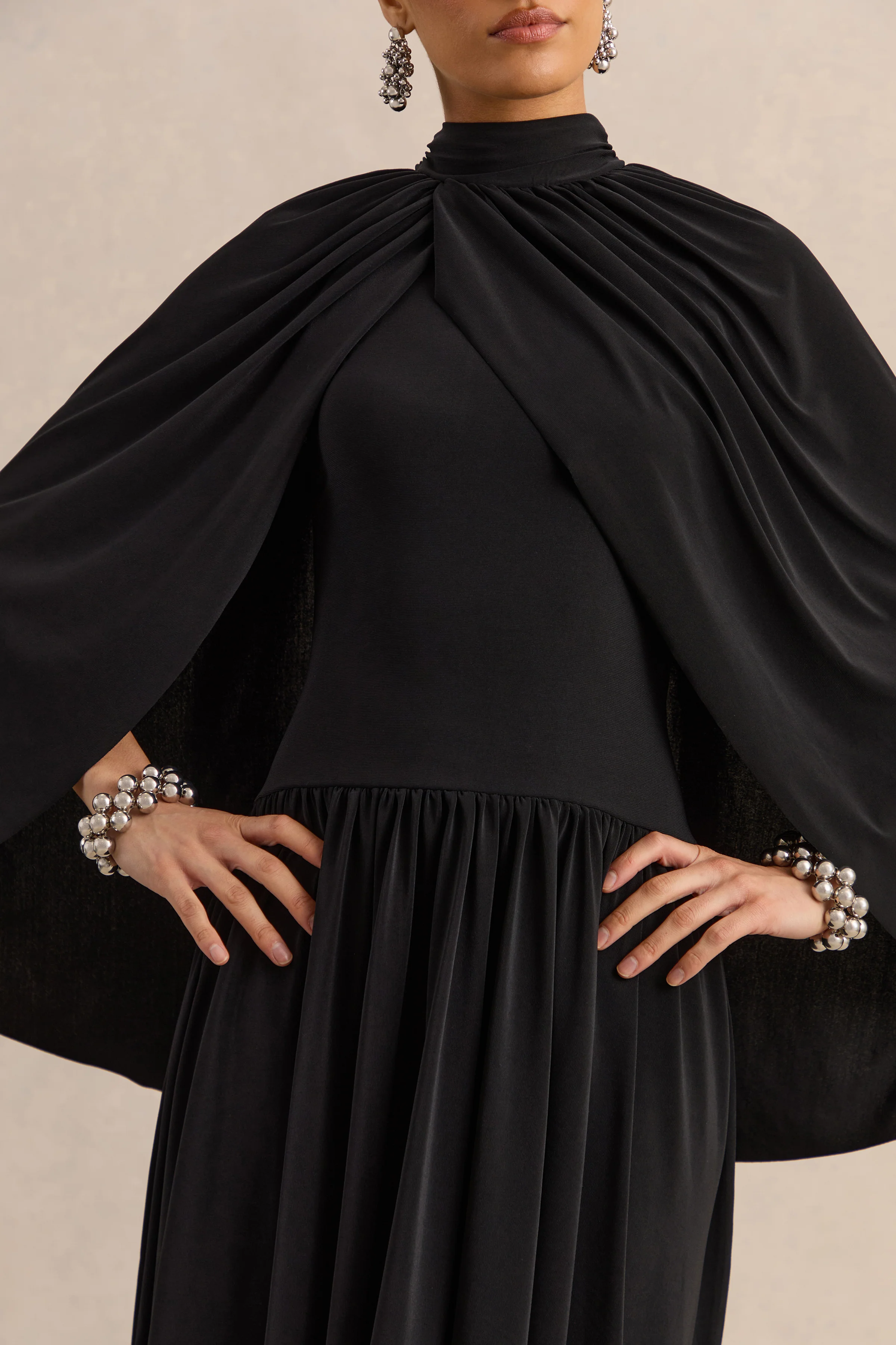 Honora | Black High-Neck Midi Dress With Cape-Sleeves - Image 5