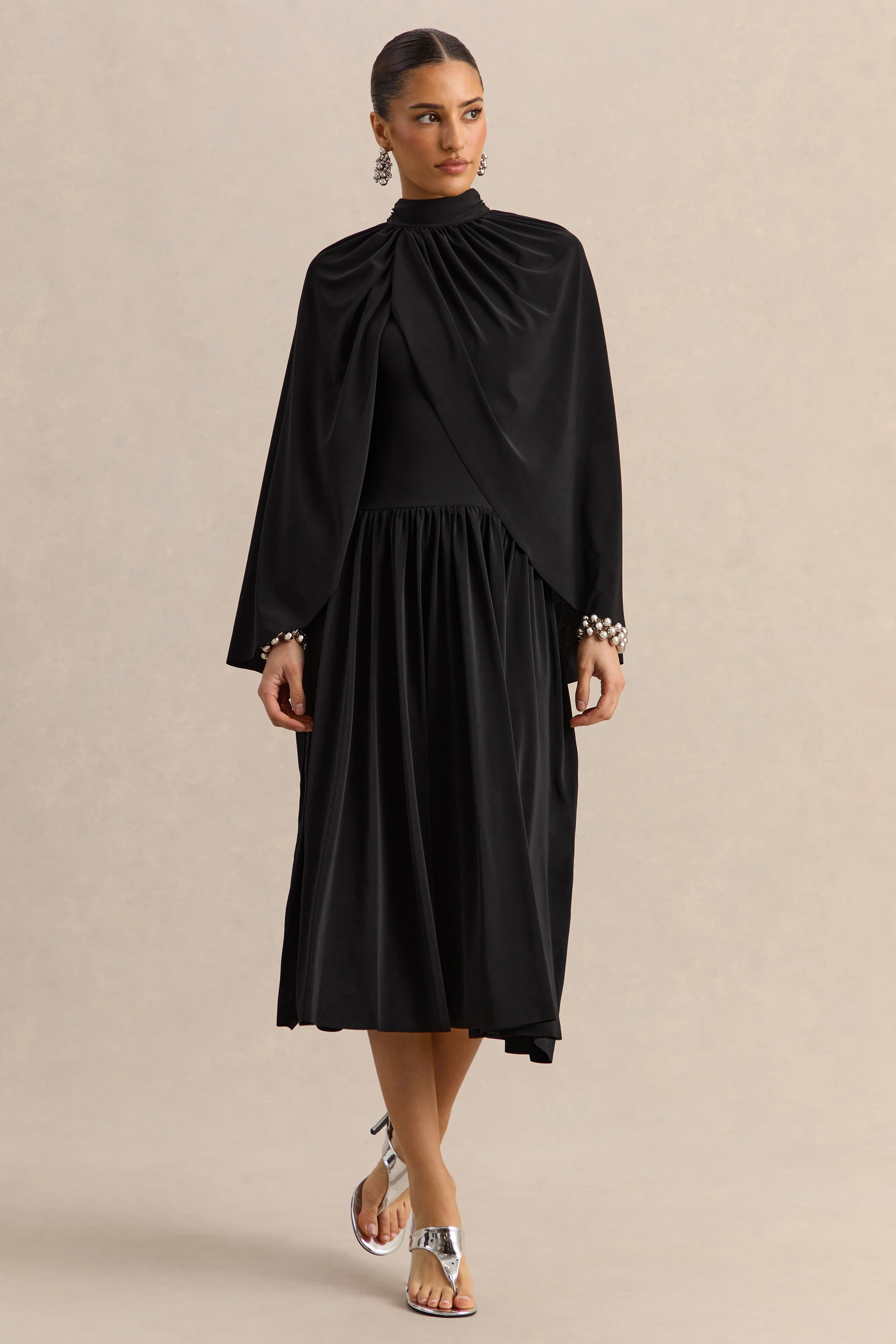 Honora | Black High-Neck Midi Dress With Cape-Sleeves - Image 6