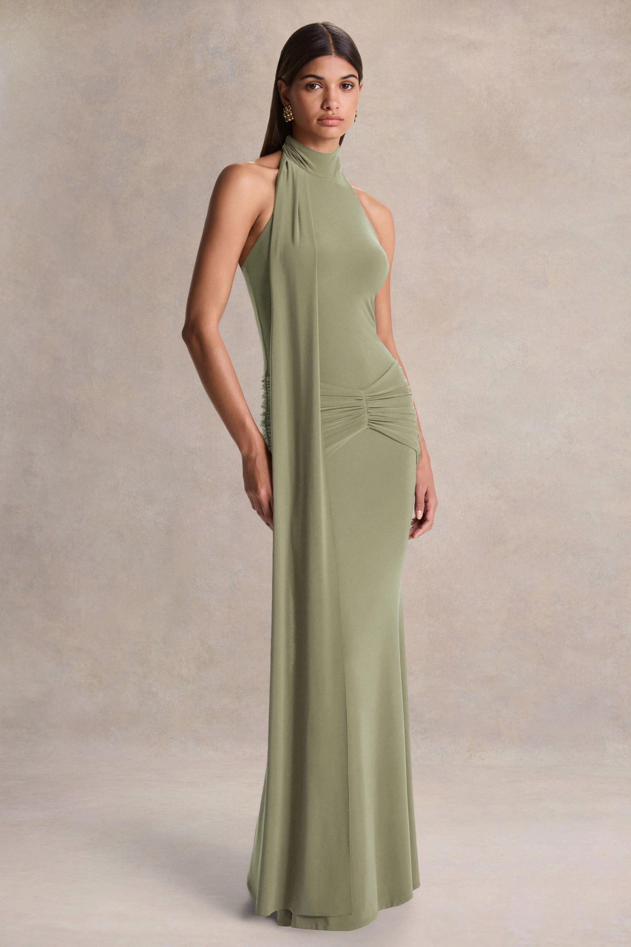 Hyla | Green High-Neck Maxi Dress With Sash-Detail