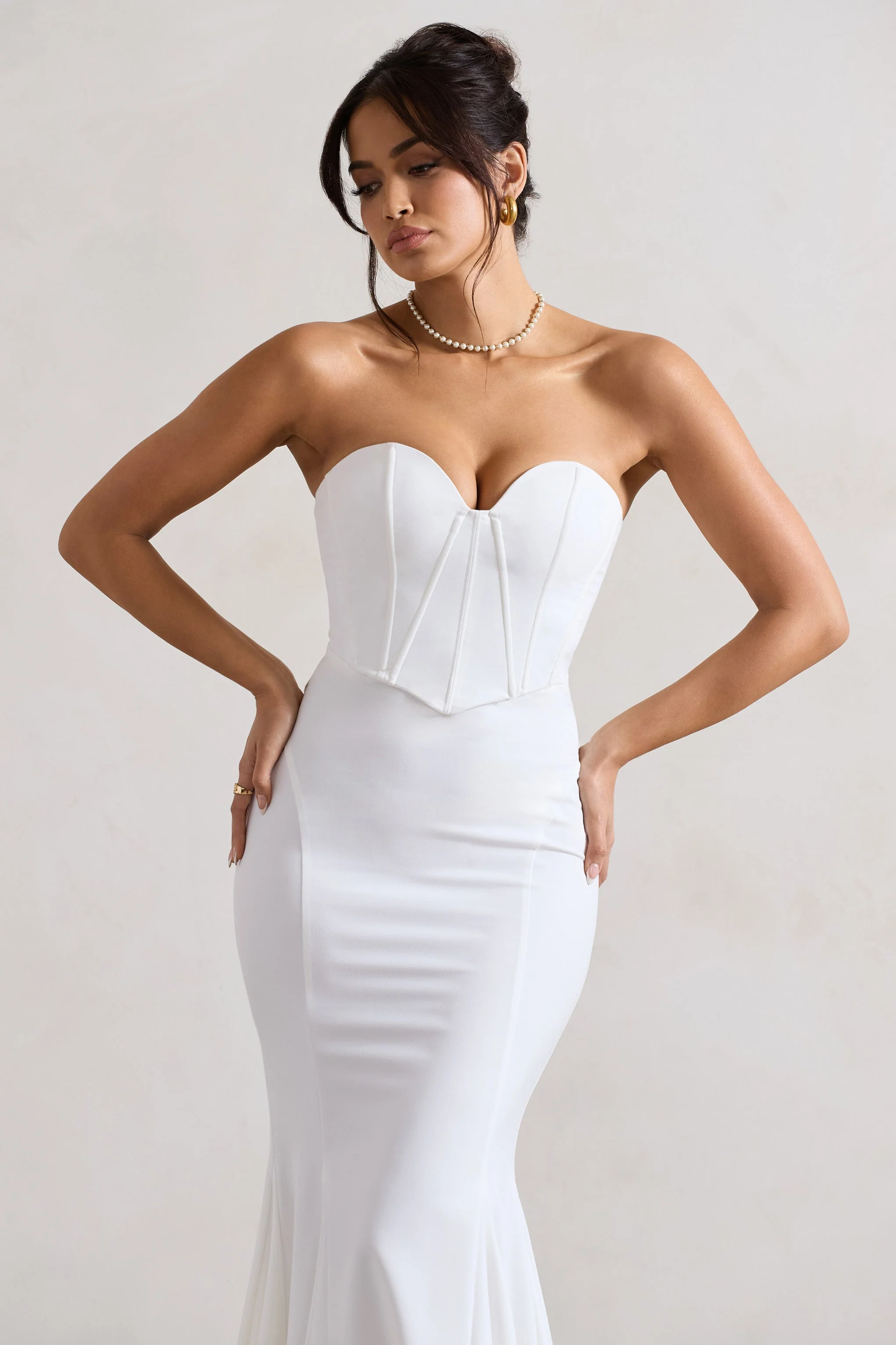 Idyllic | Cream Strapless Corset Style Fishtail Maxi Dress - Image 3