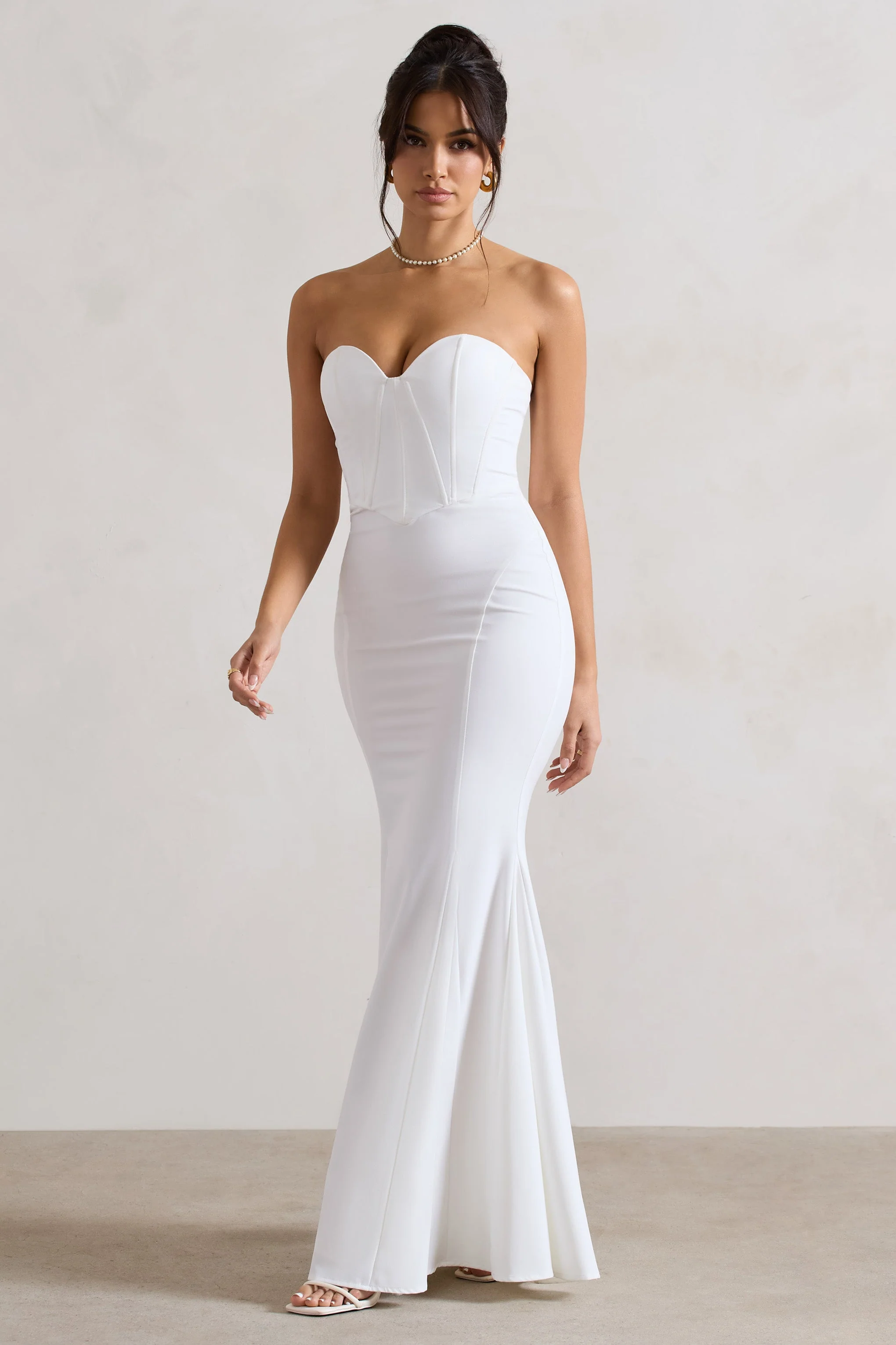 Idyllic | Cream Strapless Corset Style Fishtail Maxi Dress - Image 4