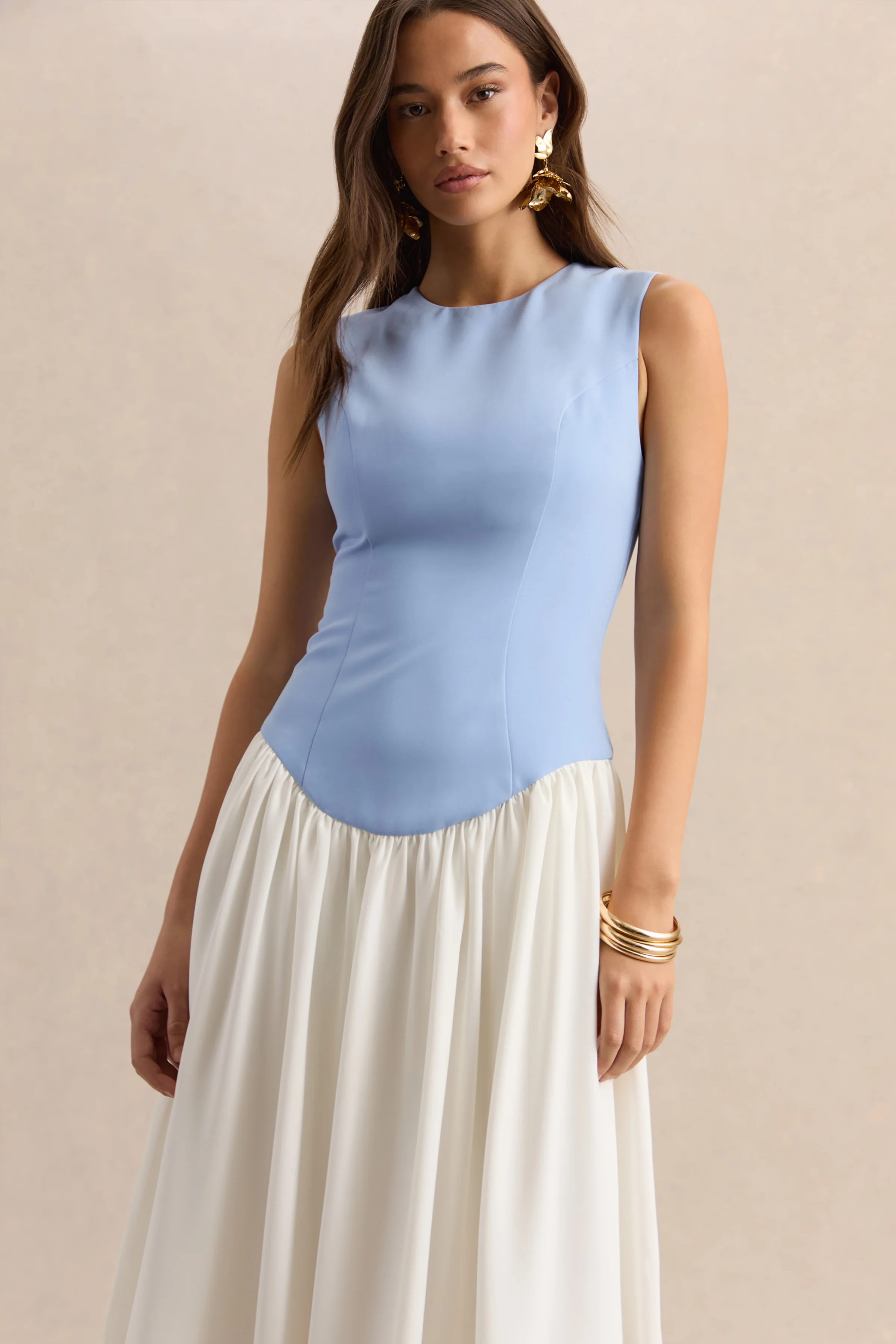 Iliana | Powder Blue And White Crew-Neck Maxi Dress With Drop-Waist And Pleated Skirt - Image 3