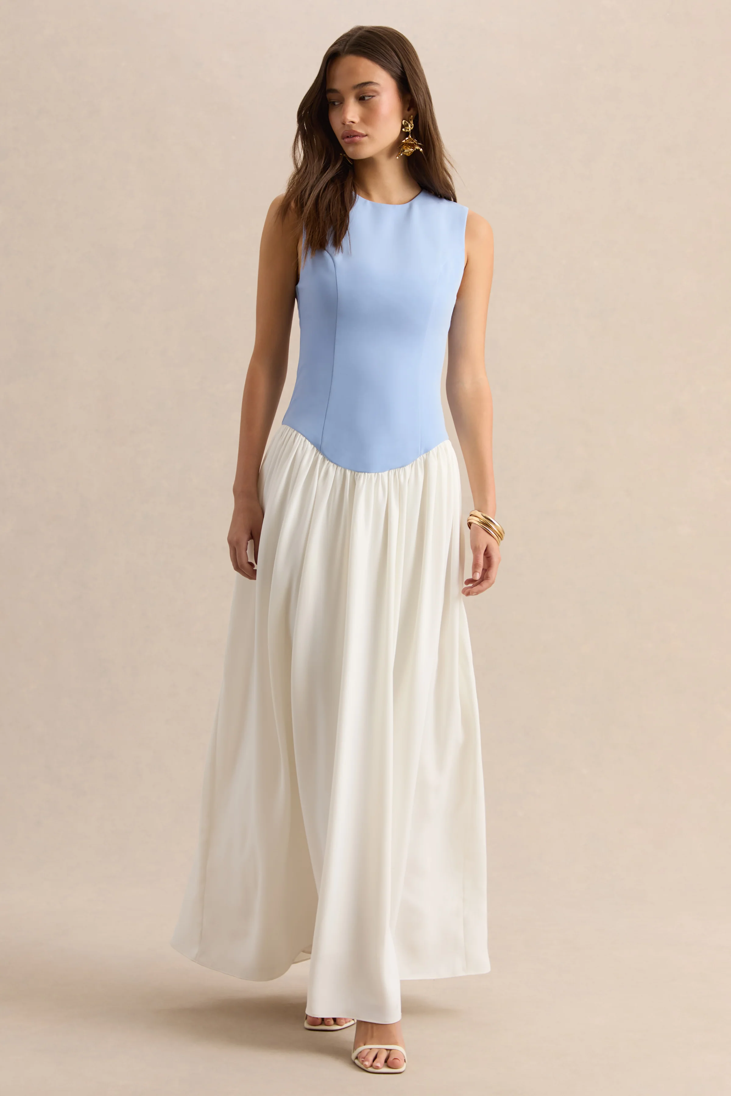 Iliana | Powder Blue And White Crew-Neck Maxi Dress With Drop-Waist And Pleated Skirt - Image 5