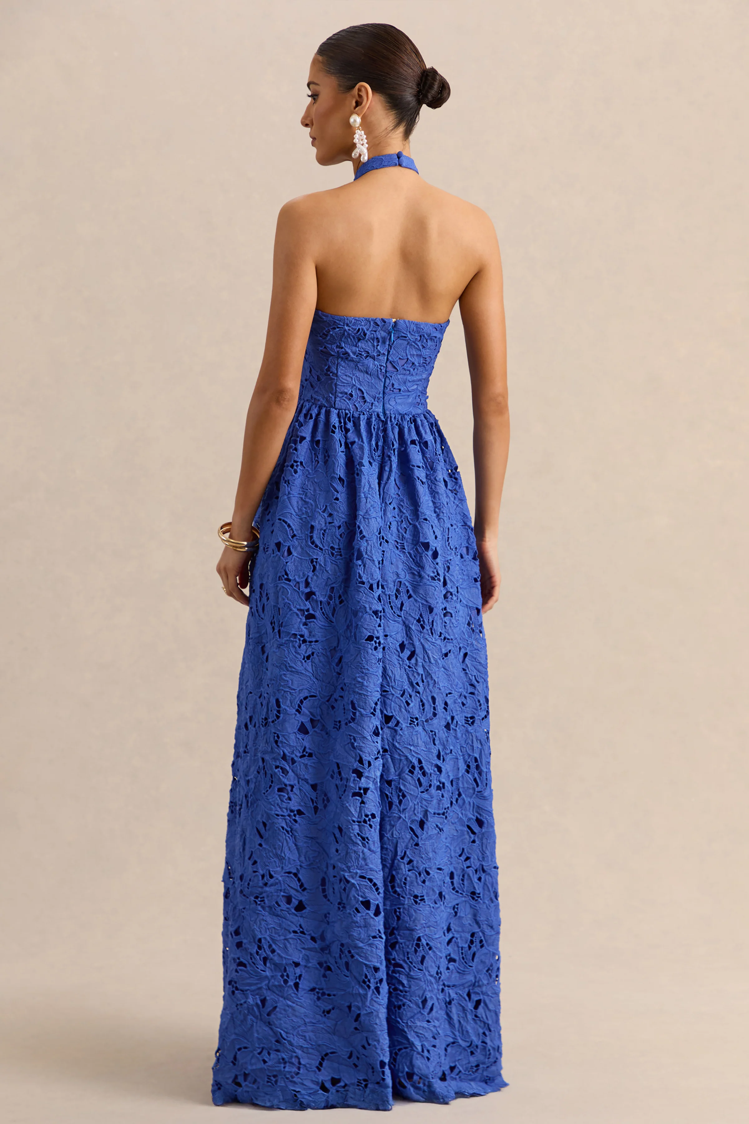 Indiana | Dark Blue Broderie Halter-Neck Maxi Dress - Image 2