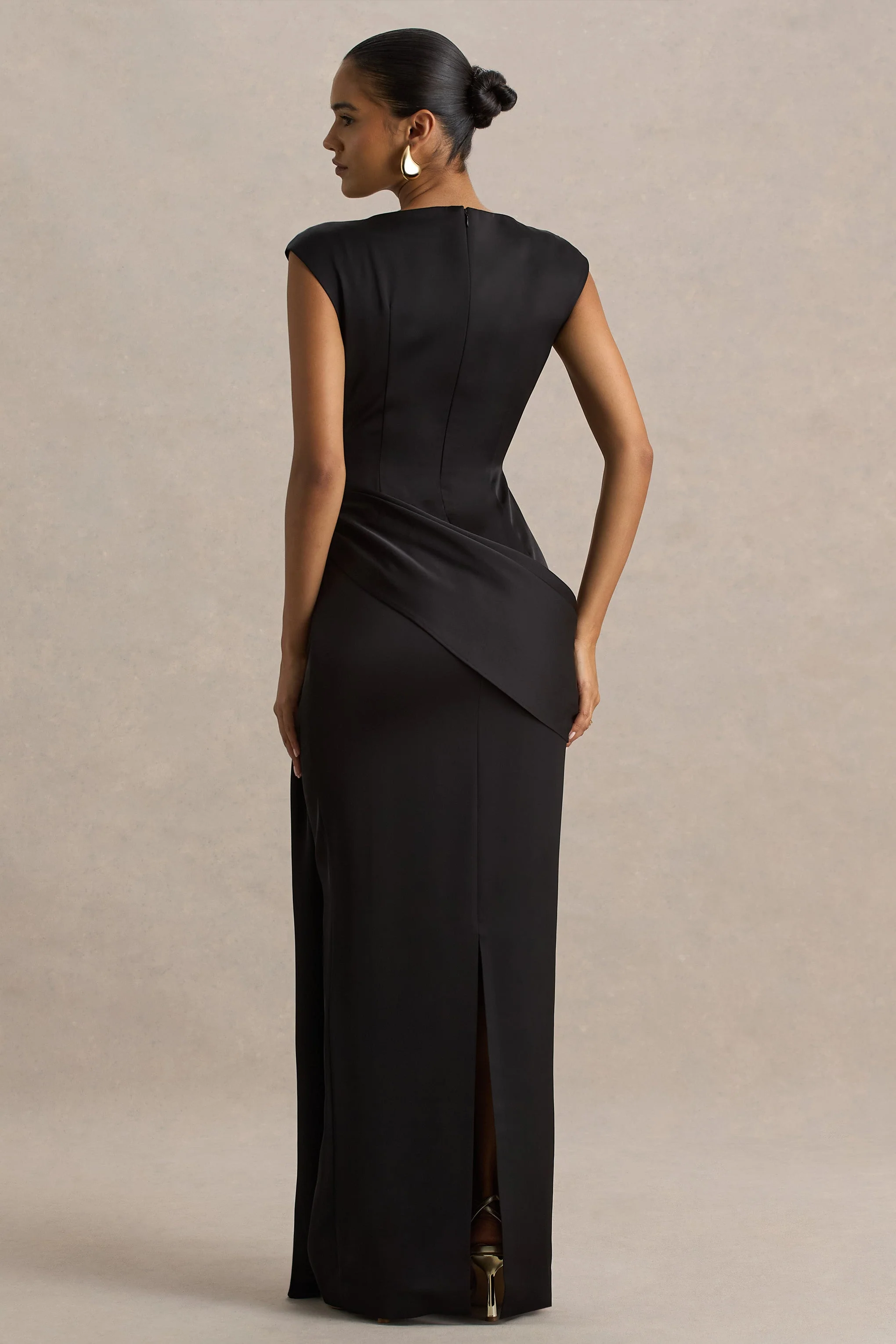 Influence | Black Satin Slashed-Neck Maxi Dress With Embellished Detail And Sash - Image 2