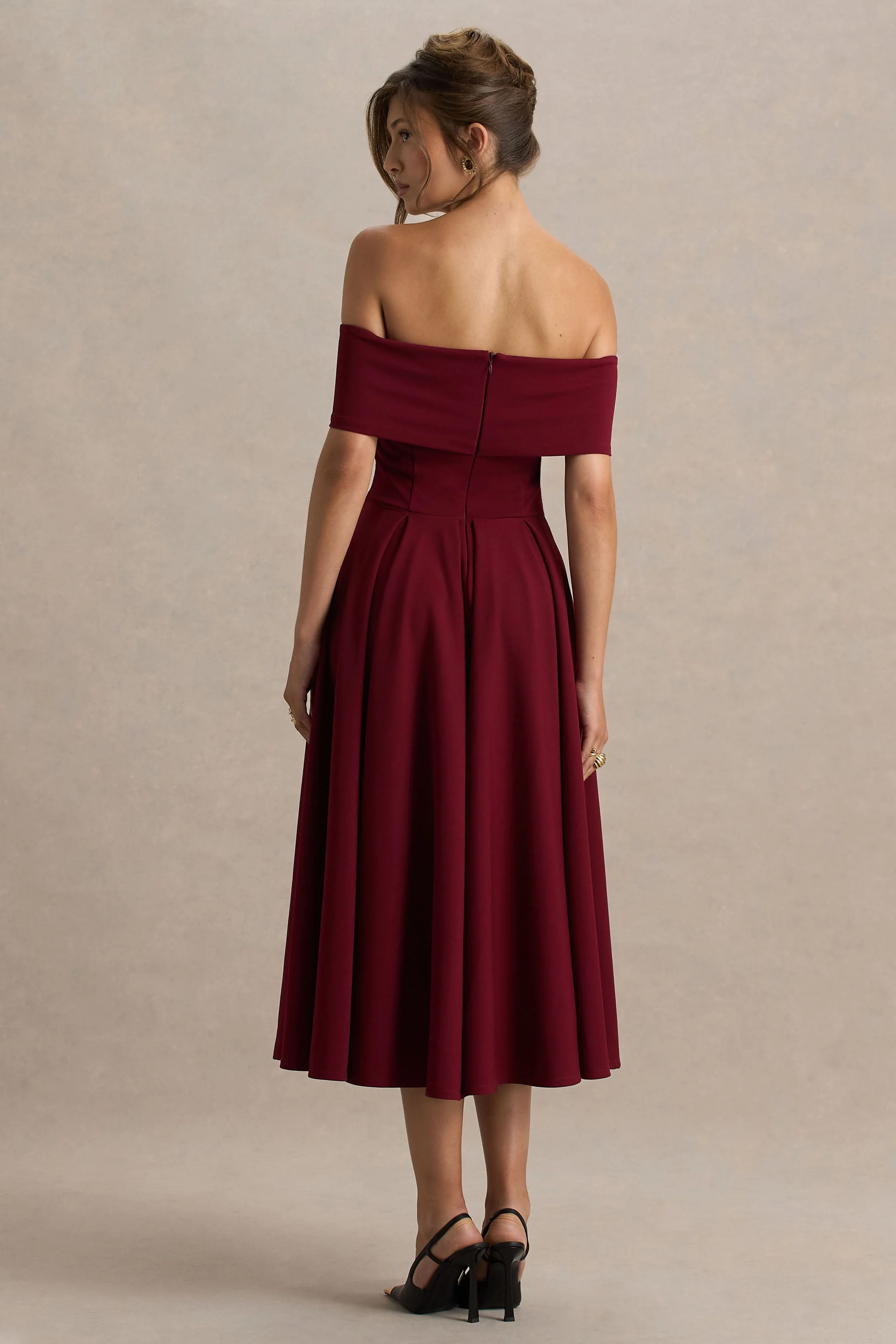 Isabella | Burgundy Bardot-Neck Midi Dress - Image 2