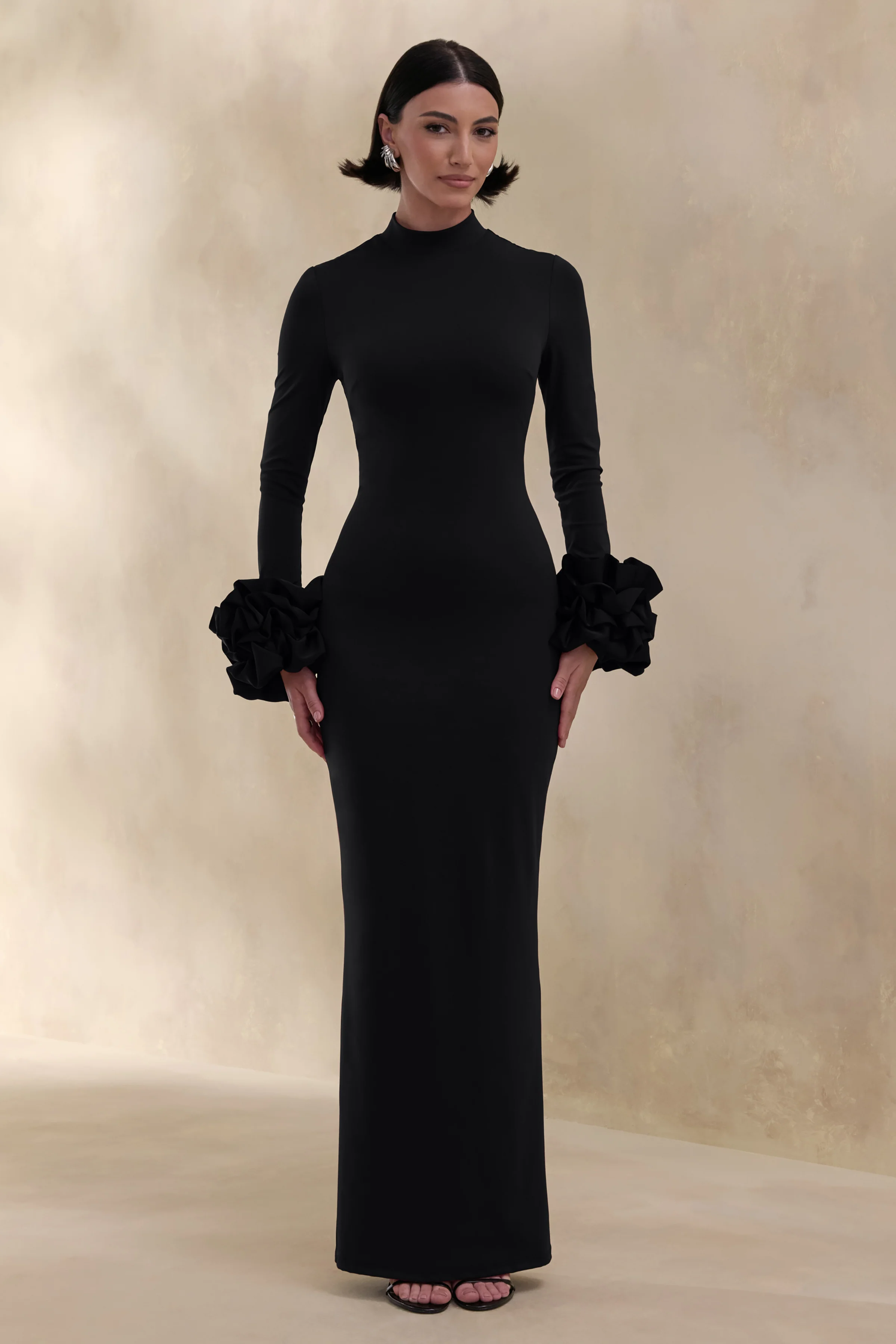 Jaselle | Black High-Neck Maxi Dress With Ruffled Satin-Cuffs