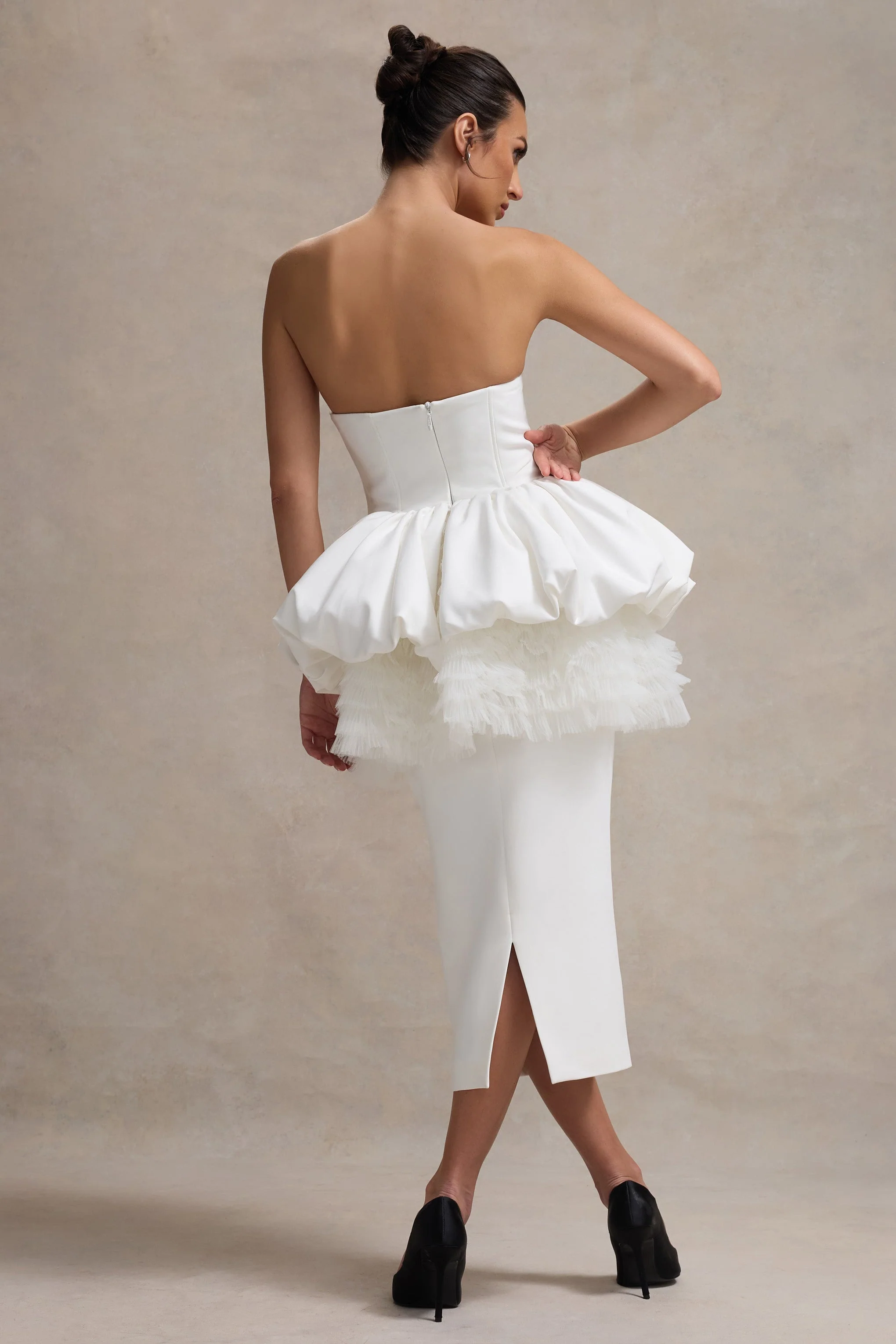 Jones | White Strapless Midi Dress With Tulle Peplum Waist - Image 2