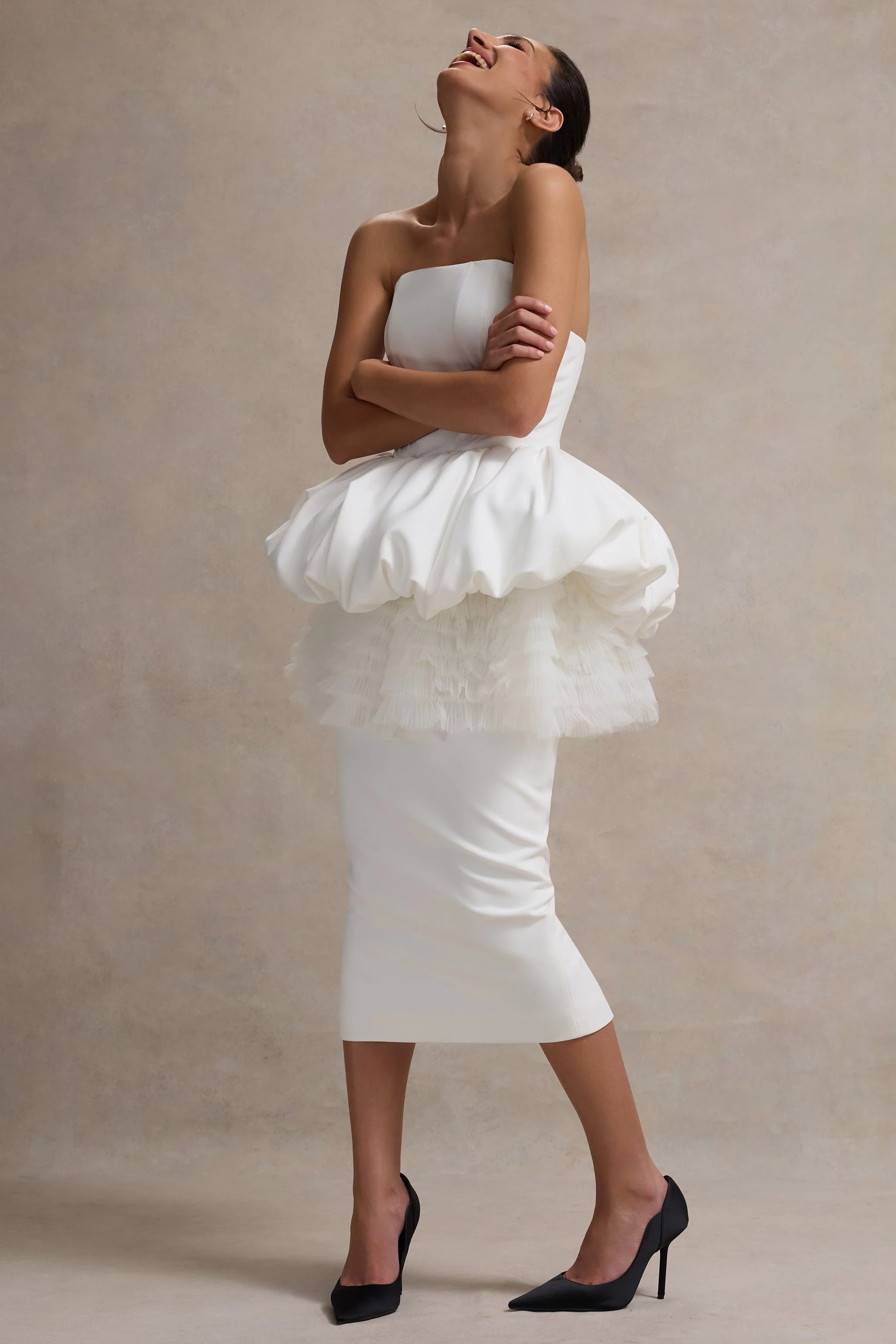 Jones | White Strapless Midi Dress With Tulle Peplum Waist - Image 5