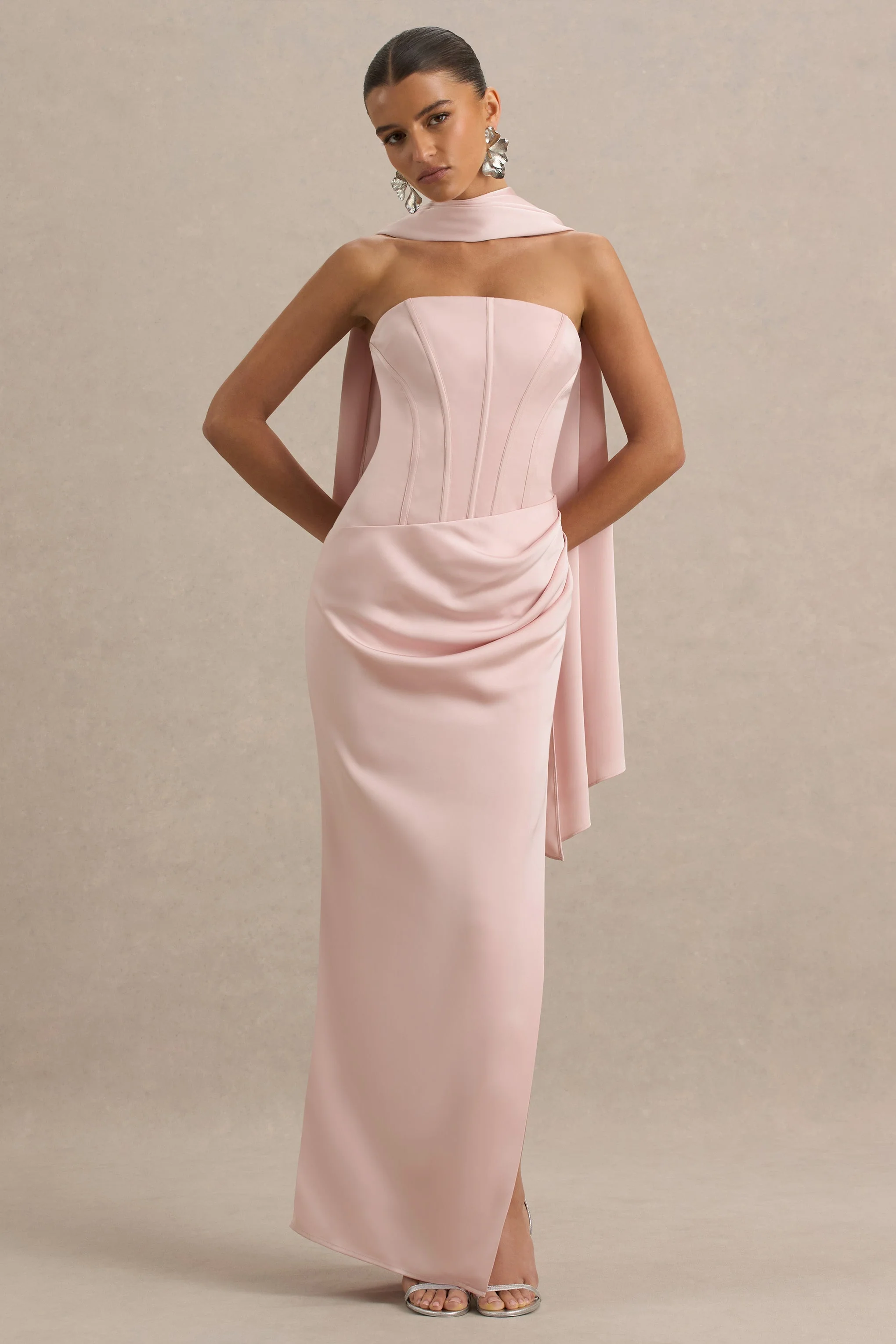 Joseline | Pale Pink Satin Corset Wrap Maxi Dress With Scarf - Image 3