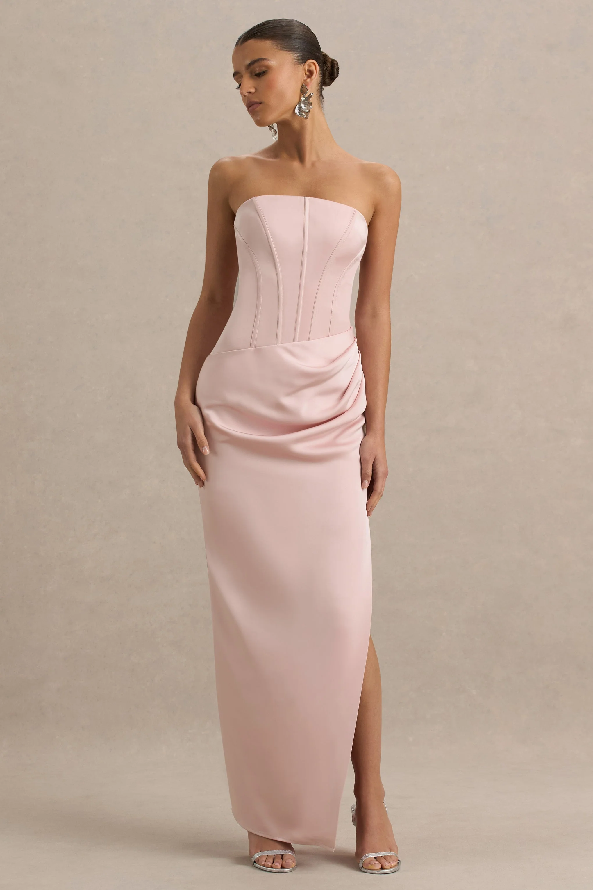 Joseline | Pale Pink Satin Corset Wrap Maxi Dress With Scarf - Image 4