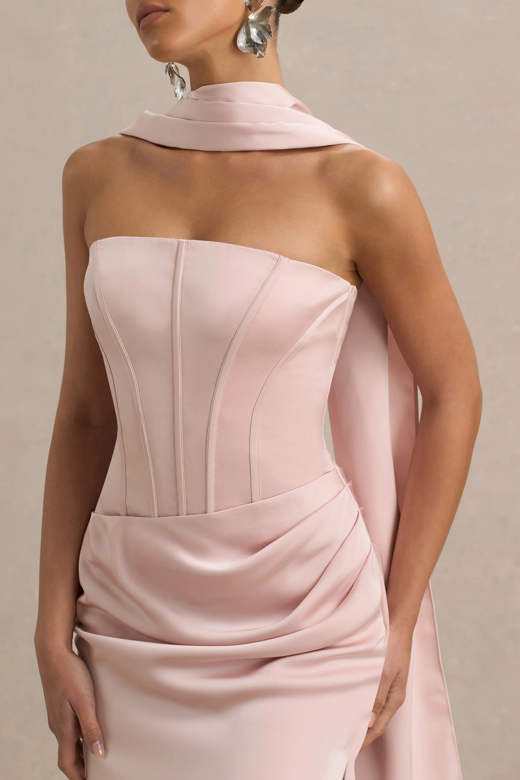 Joseline | Pale Pink Satin Corset Wrap Maxi Dress With Scarf - Image 5